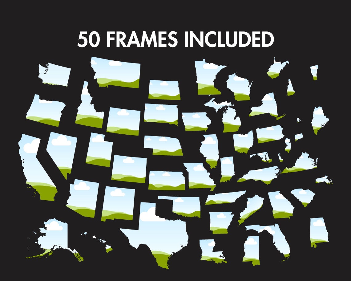 50 USA States Canva Frames, US States Templates, United States Map Canva Frames Bundle, Easy Drag and Drop American States, USA Map Mockup