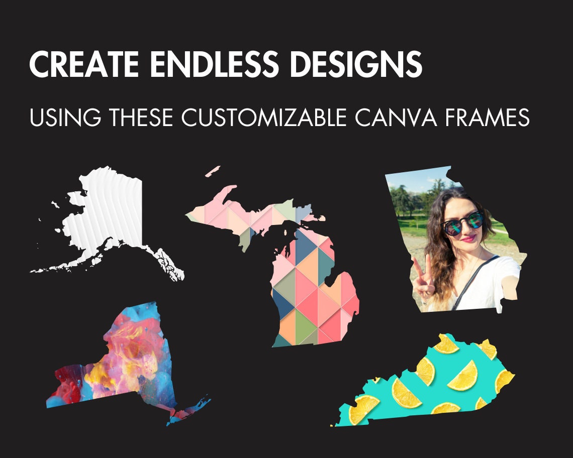 50 USA States Canva Frames, US States Templates, United States Map Canva Frames Bundle, Easy Drag and Drop American States, USA Map Mockup