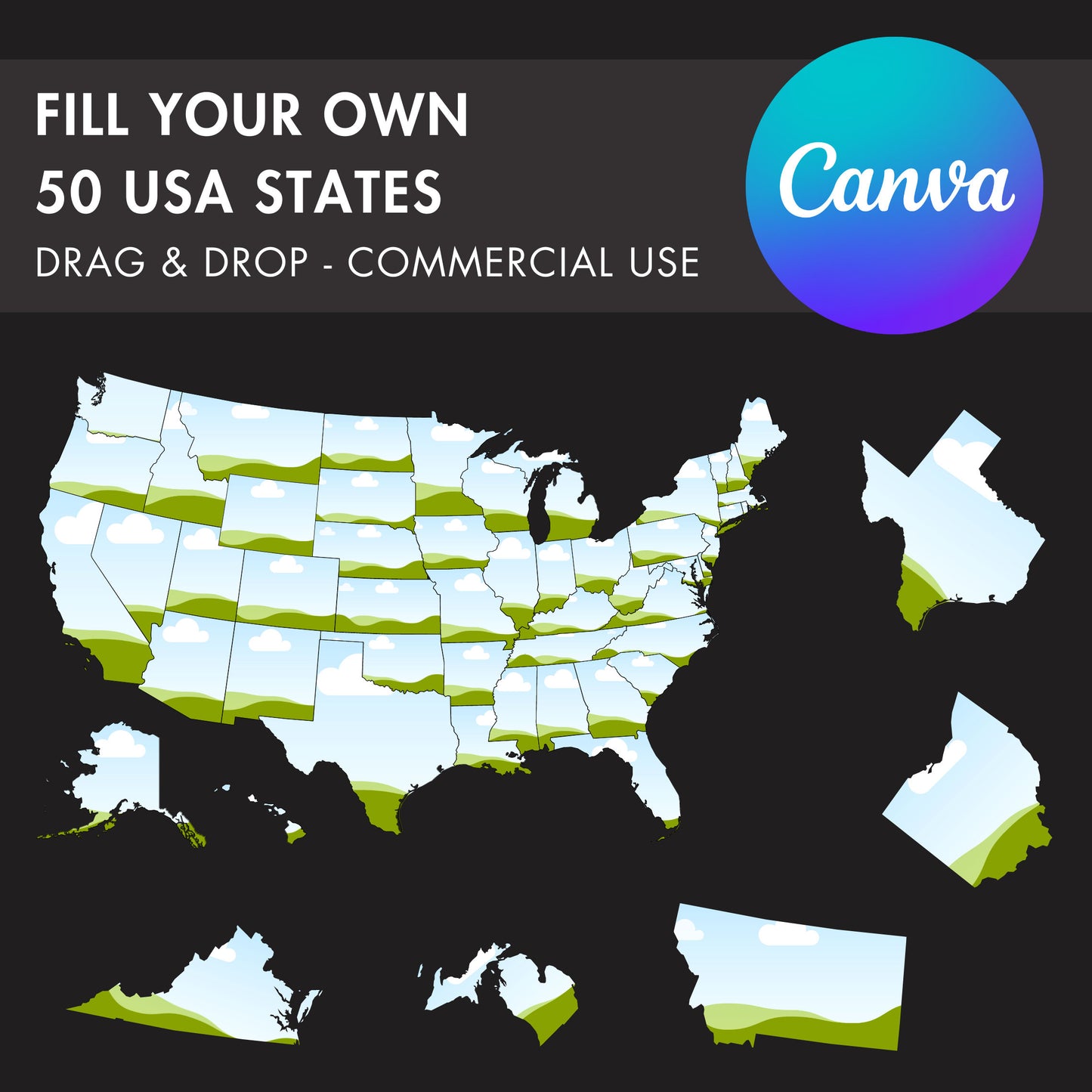 50 USA States Canva Frames, US States Templates, United States Map Canva Frames Bundle, Easy Drag and Drop American States, USA Map Mockup