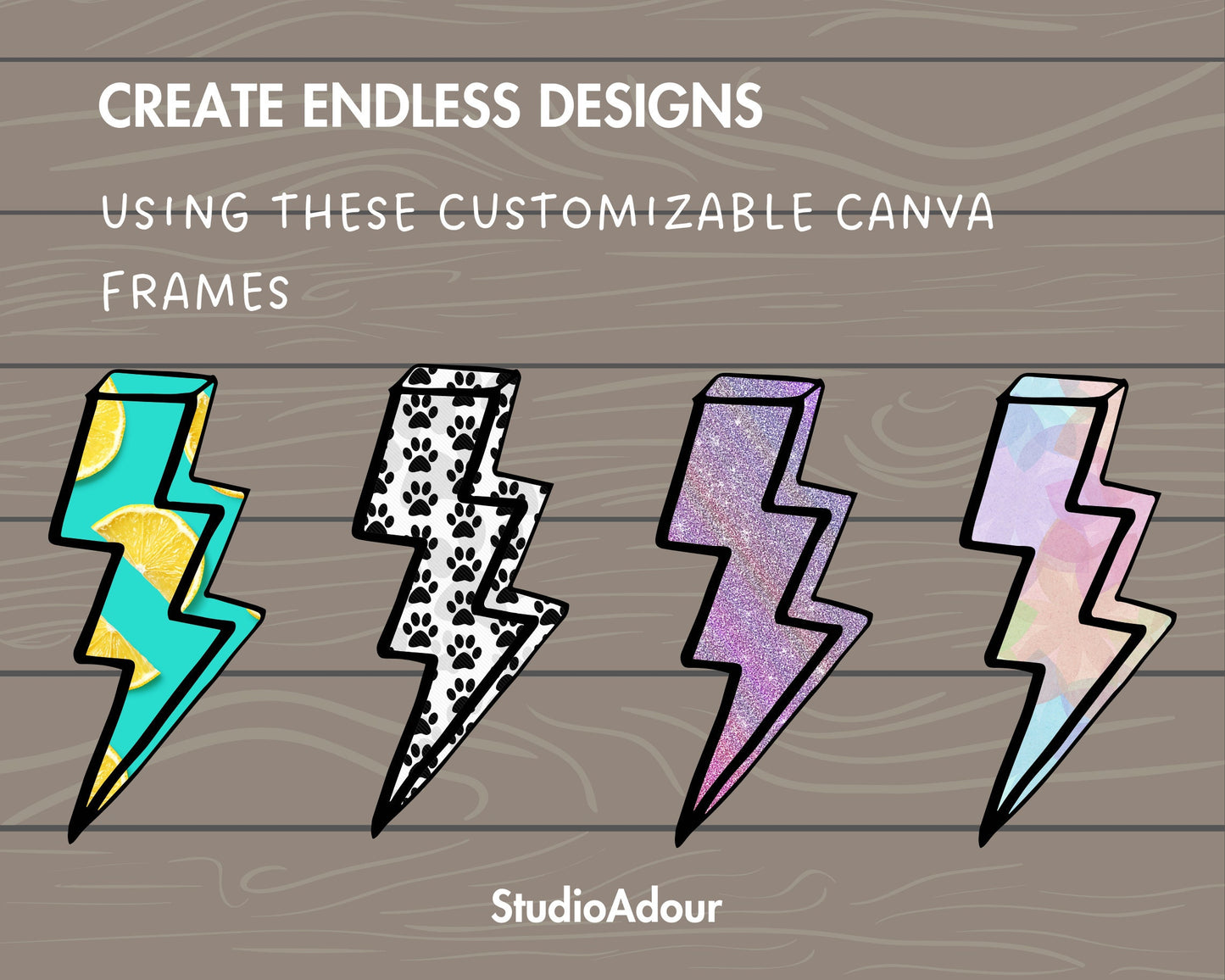 Design Your Own Lightning Bolt Canva Frames, Thunder Canva Template, Drag and Drop Photo, Doodle Lightning PNG, Editable Canva Frames Bundle