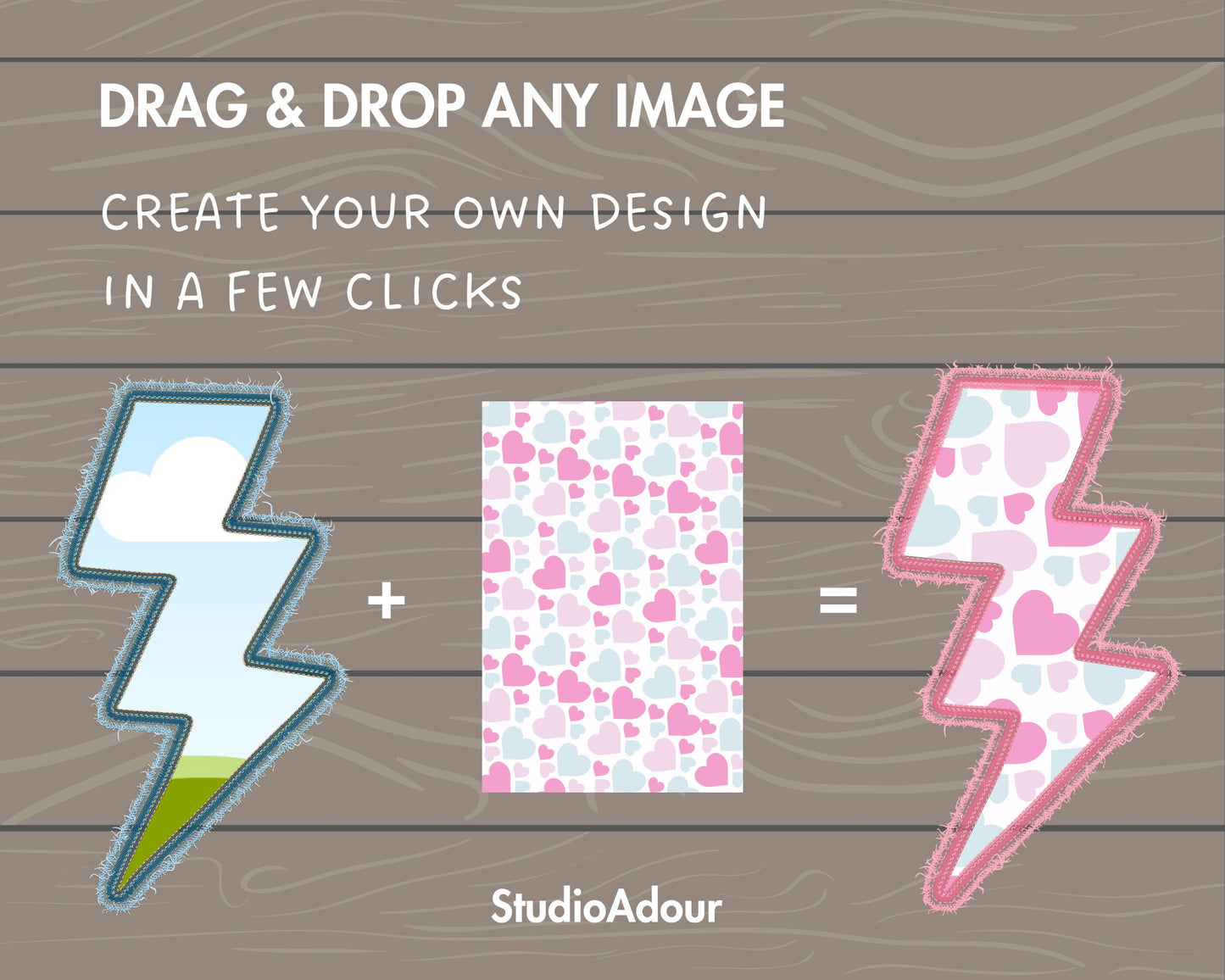 Design Your Own Faux Embroidery Lightning Canva Frames, Digital Stitch Thunder Canva Template, Drag and Drop Photo, Lightning Bolt Applique