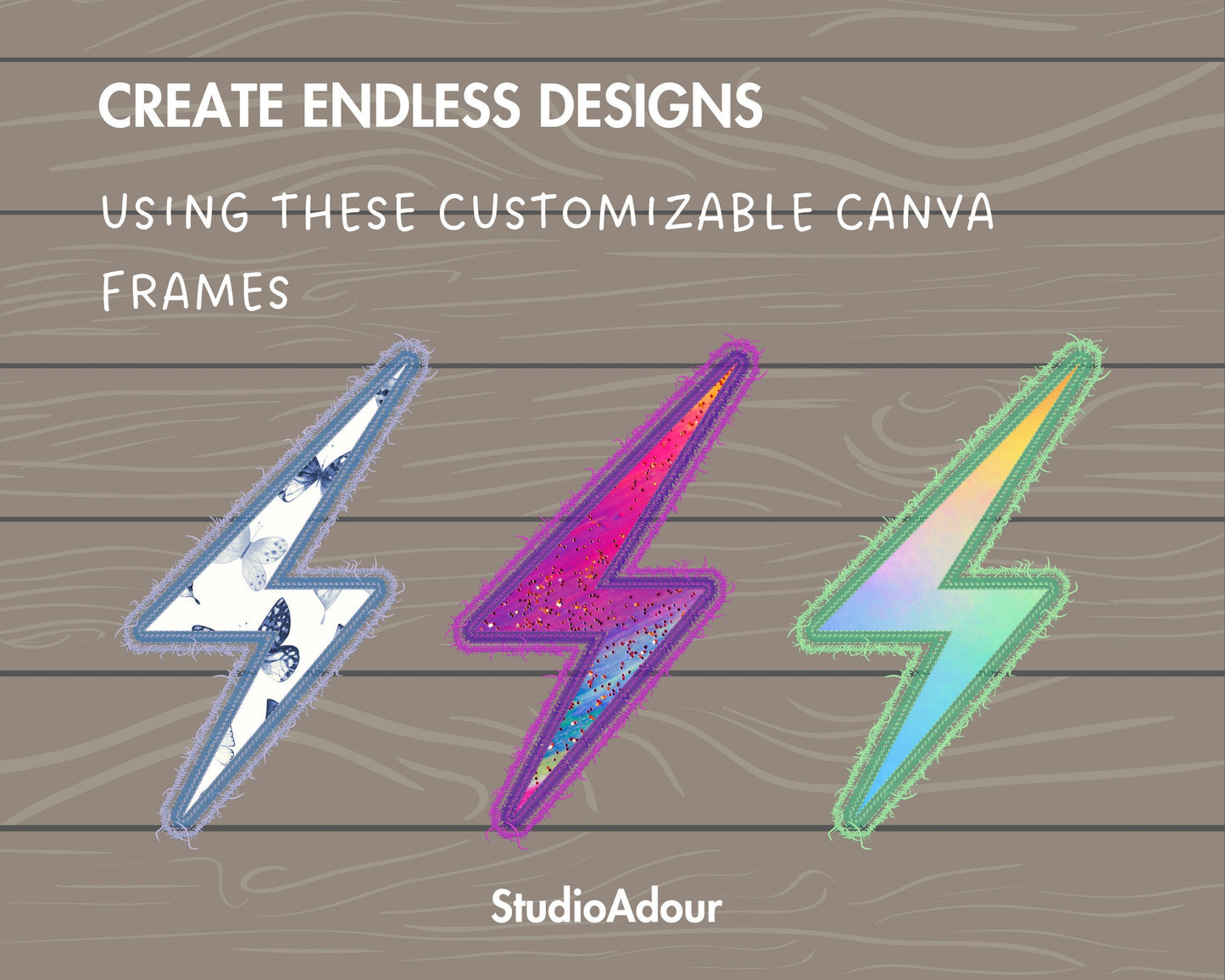 Design Your Own Faux Embroidery Lightning Canva Frames, Digital Stitch Thunder Canva Template, Drag and Drop Photo, Lightning Bolt Applique