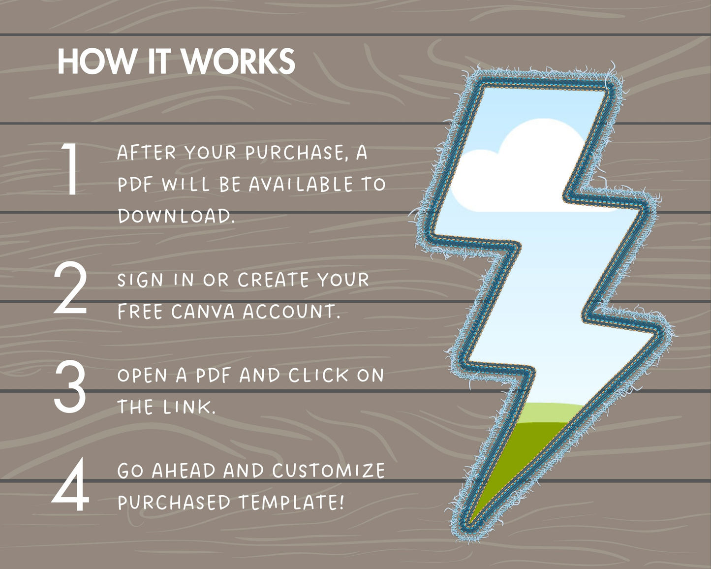 Design Your Own Faux Embroidery Lightning Canva Frames, Digital Stitch Thunder Canva Template, Drag and Drop Photo, Lightning Bolt Applique