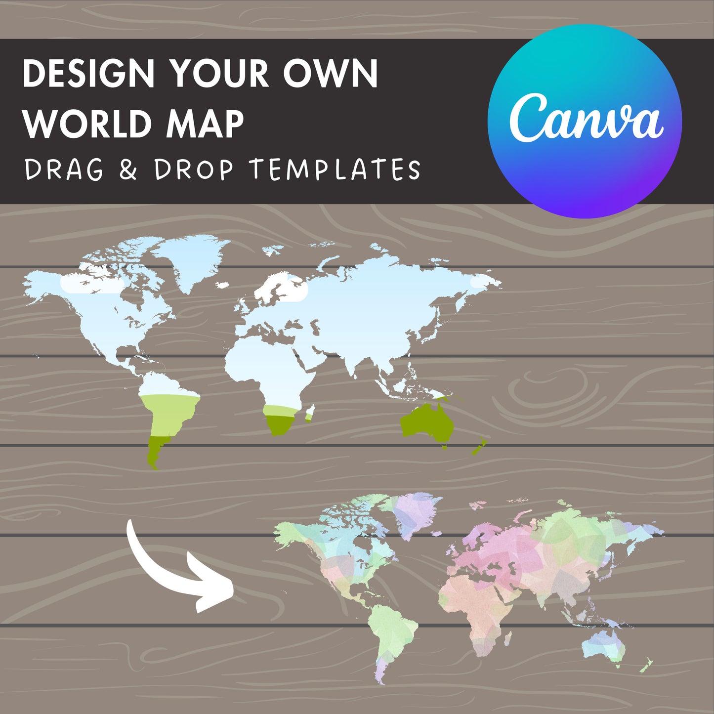 Design Your Own World Map on Canva, Editable Canva Template, Drag and Drop Photo, World Map Silhouette, Global Map Canva Frame, Continents