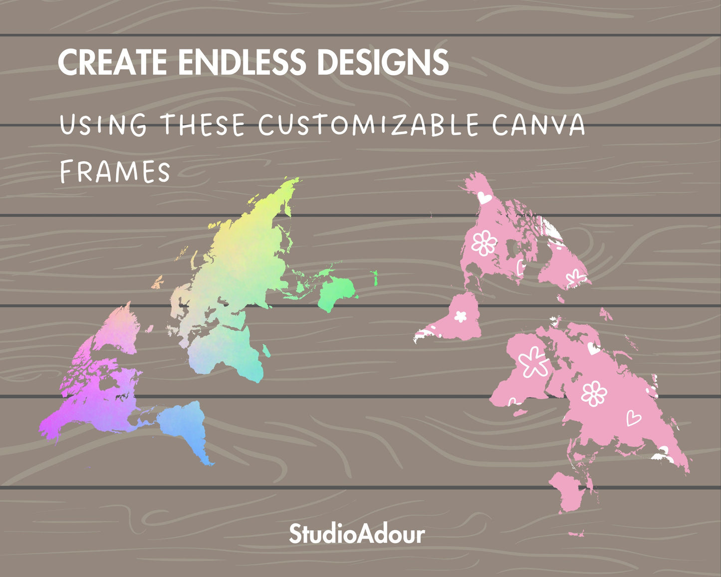 Design Your Own World Map on Canva, Editable Canva Template, Drag and Drop Photo, World Map Silhouette, Global Map Canva Frame, Continents