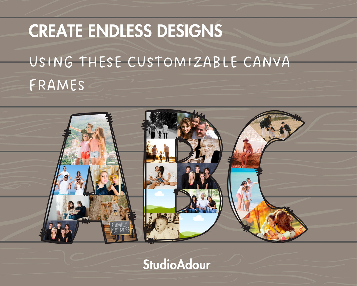 Design Your Own Photo Collage in Canva, Editable Collage Canva Template, Drag and Drop Photo, Doodle Letters Collage, Alphabet Photo Collage