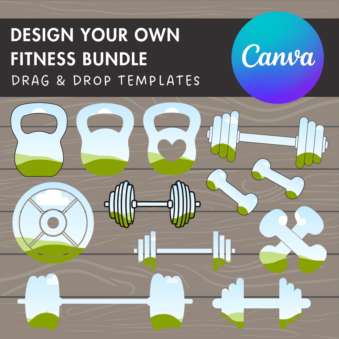 Design Your Own Fitness Canva Frames, Gym Canva Template, Drag and Drop, Canva Frames Bundle, Workout Silhouette, Dumbbell PNG, Weights