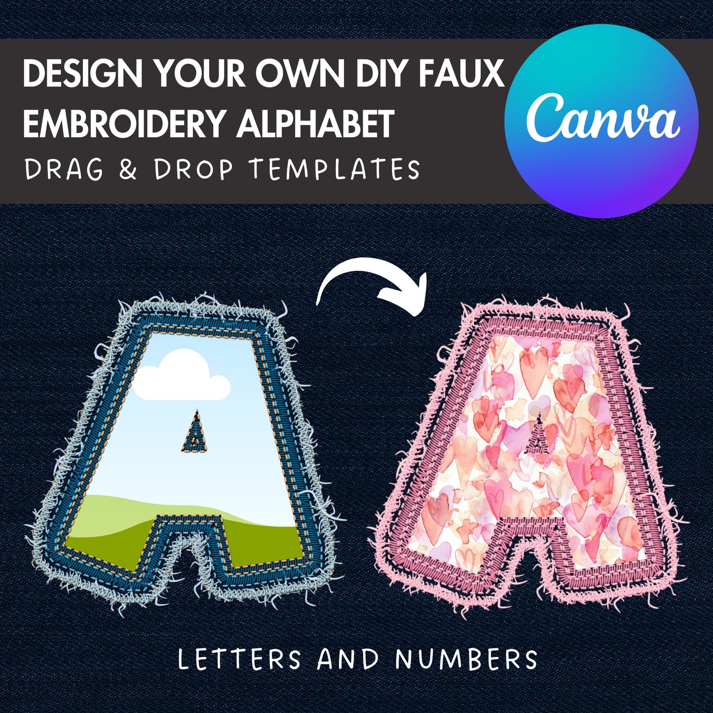 Digital Stitch Canva Alphabet, Faux Embroidery Canva Letters Template, Drag and Drop, Editable Patch Letters & Numbers, Canva Frames Bundle