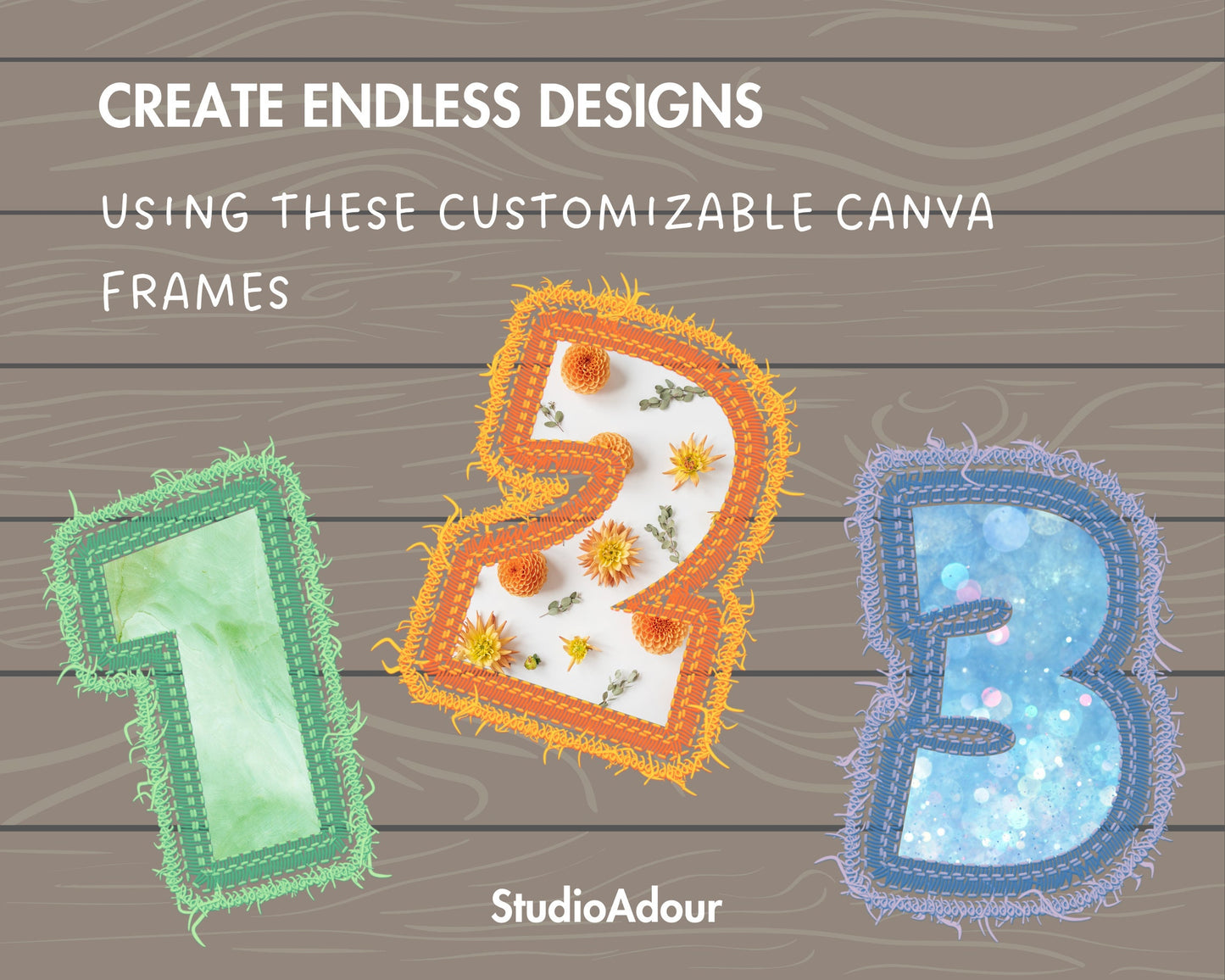 Digital Stitch Canva Alphabet, Faux Embroidery Canva Letters Template, Drag and Drop, Editable Patch Letters & Numbers, Canva Frames Bundle