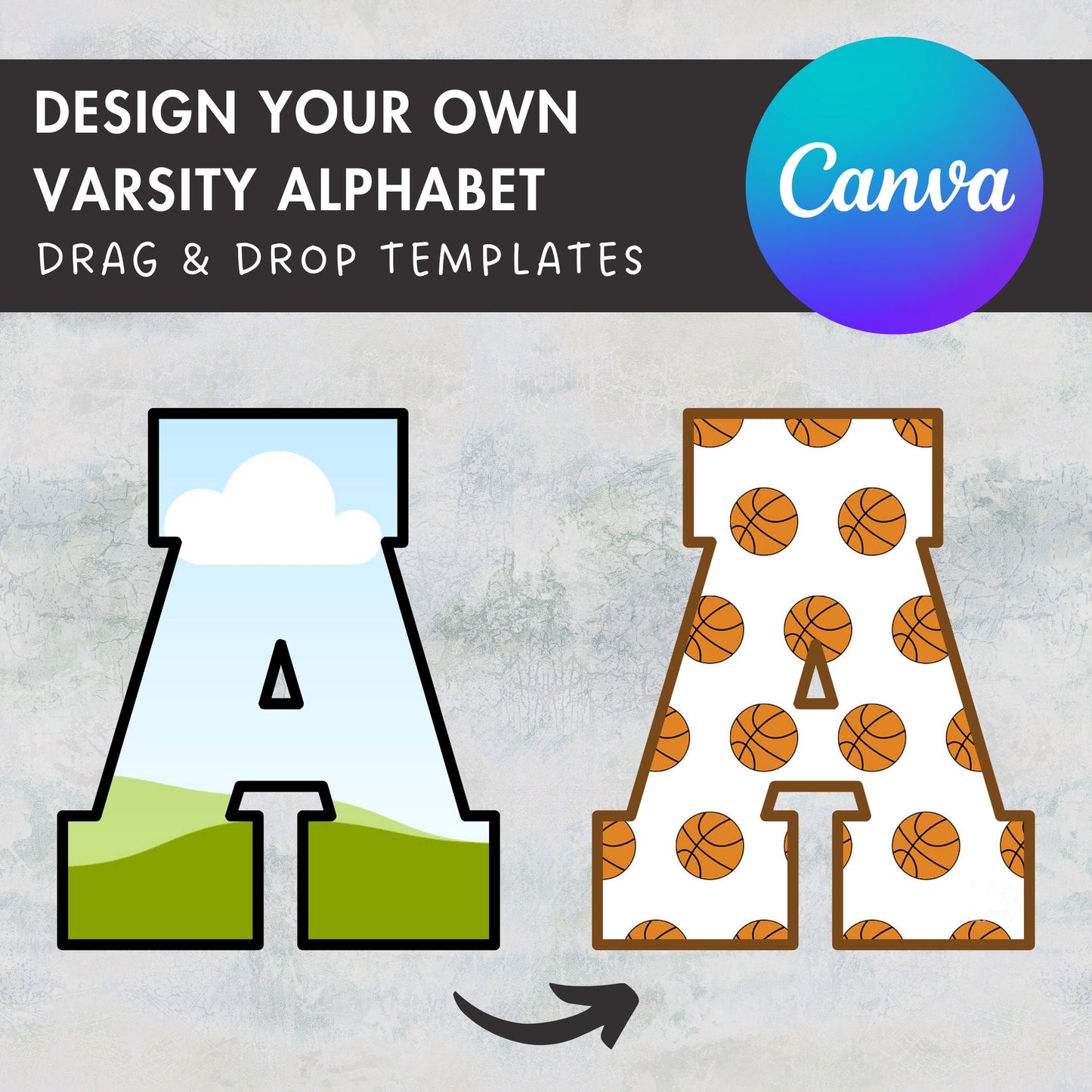 Design Your Own Varsity Letters, Varsity Alphabet Canva Template, Drag and Drop, College Letters & Numbers, School Canva Uppercase Letters