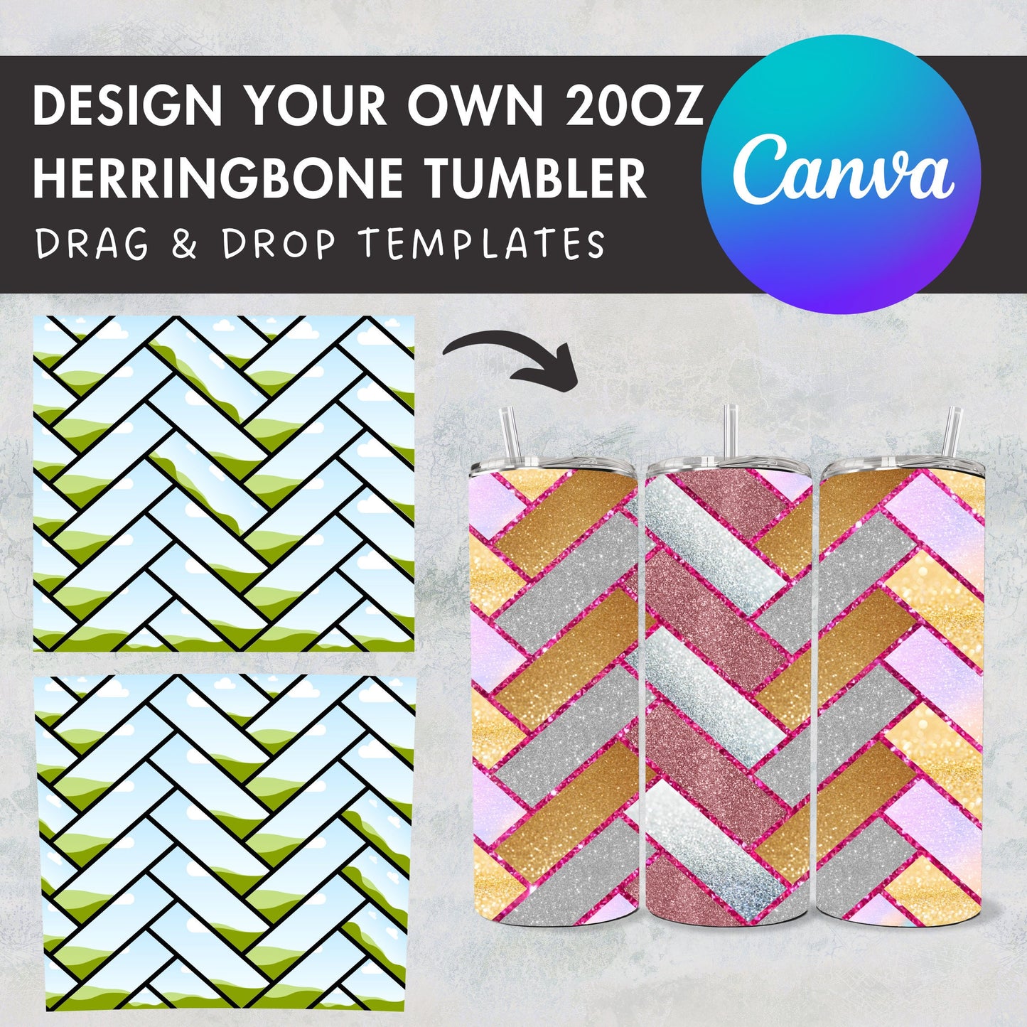 Design Your Own Herringbone Burst Tumbler Template, 20oz Straight Skinny Tumbler Canva Template, Drag and Drop, Seamless Skinny Tumbler Wrap