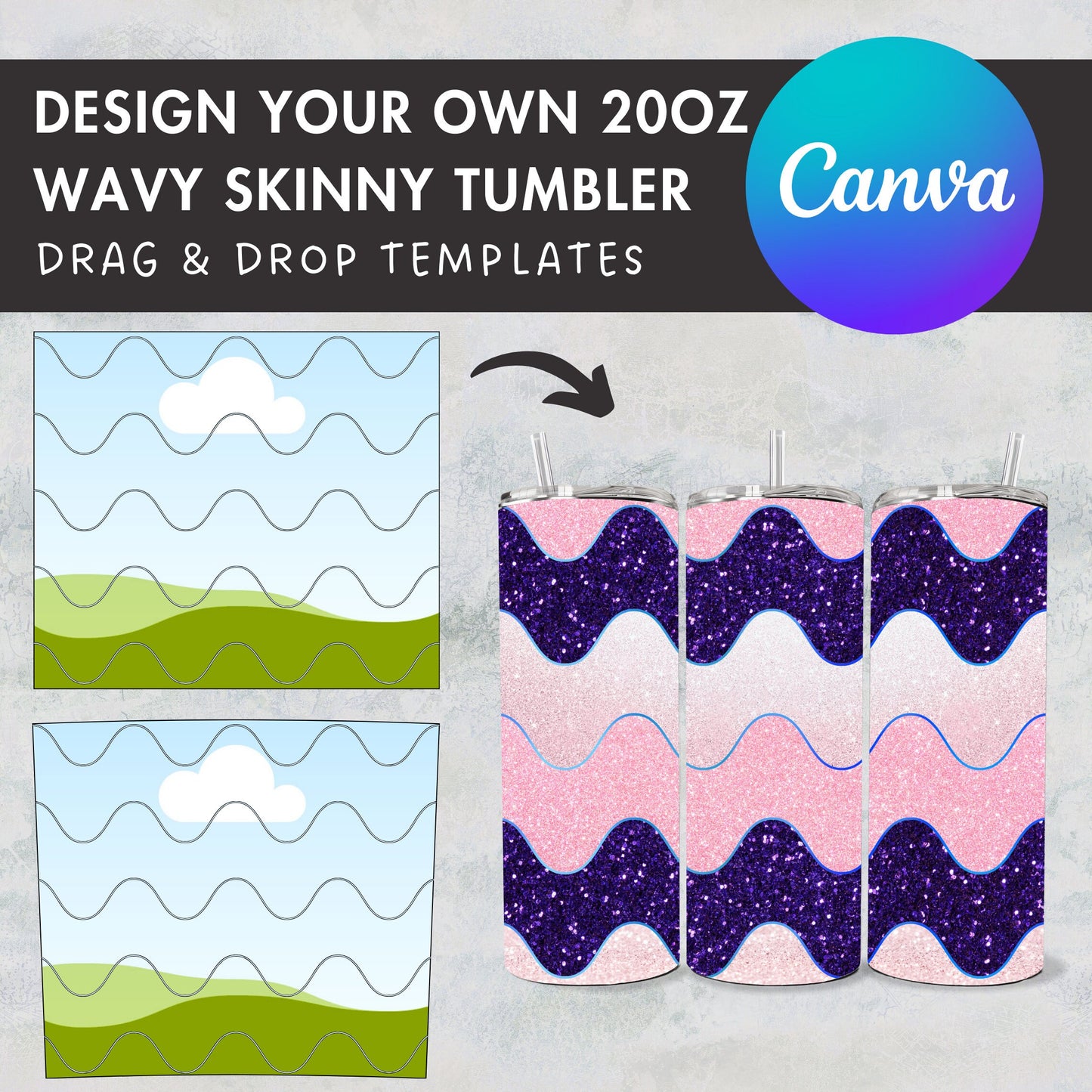 Design Your Own Waves Burst Tumbler Template, 20oz Straight Skinny Tumbler Canva Template, Drag and Drop, Wavy Seamless Tumbler Wrap