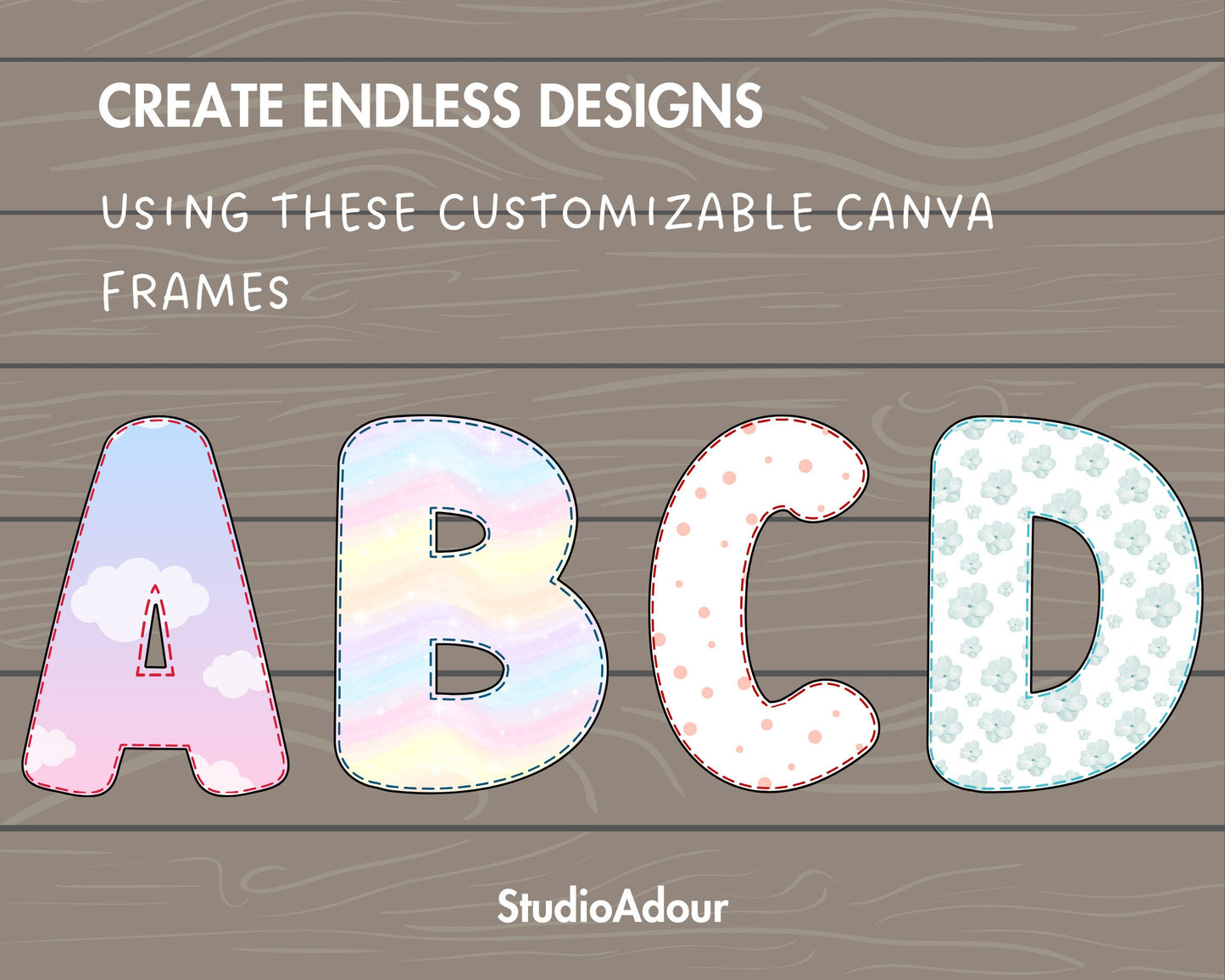 Design Your Own Digital Stitch Alphabet on Canva, Uppercase Doodle Letters, Editable Letters Template, Drag and Drop, Canva Frames Bundle