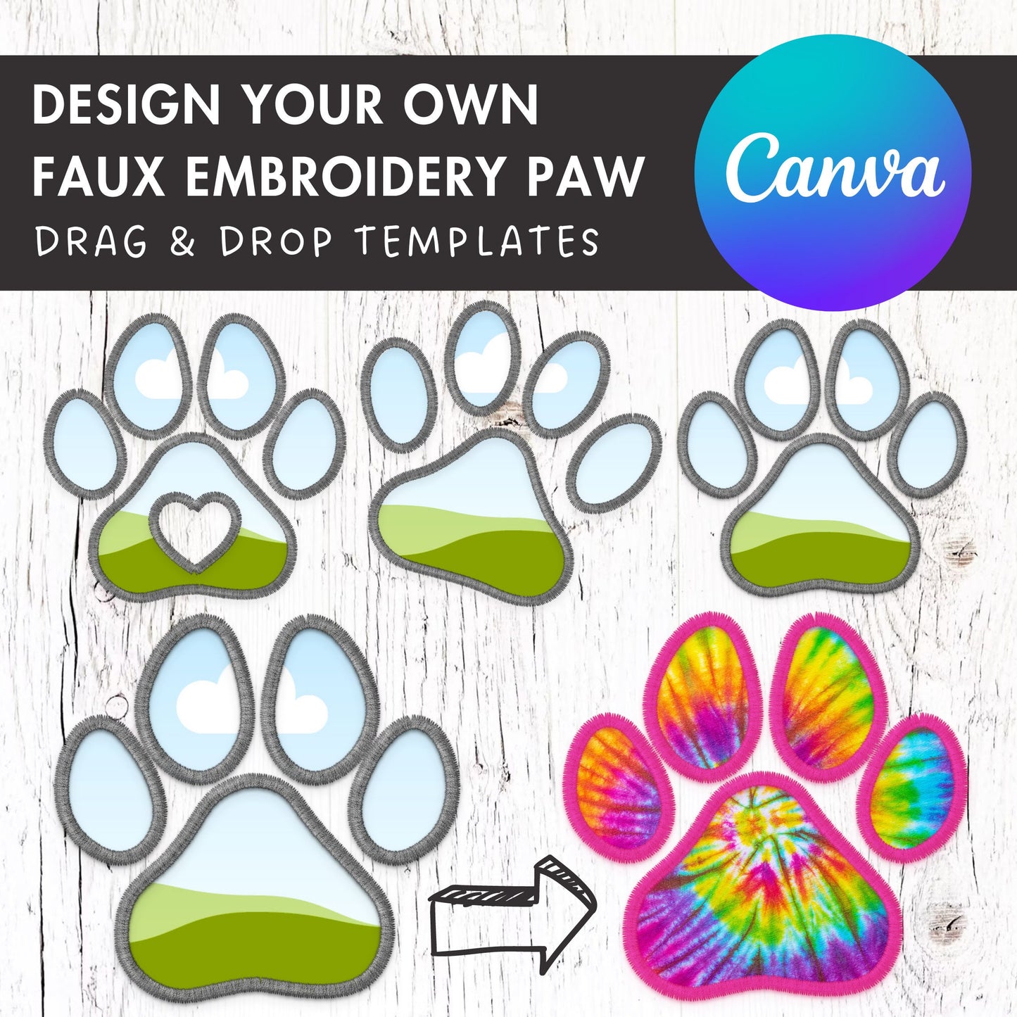 Design Your Own Faux Embroidery Paw, Digital Stitch Paw, Dog Paw Applique, Canva Frames Bundle, Pet Paw Patch Duotone, Drag and Drop PNG