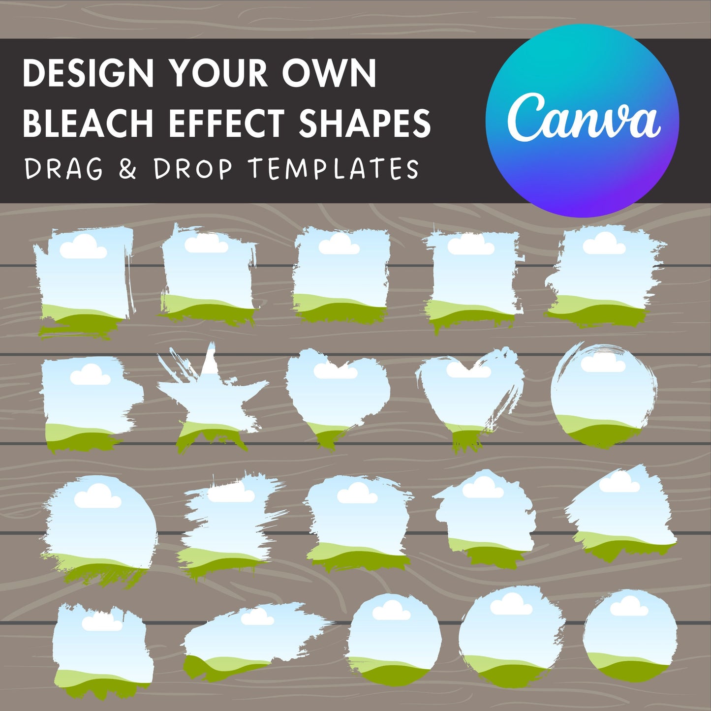 Design Your Own Bleach Effect Canva Frames, Distressed Edge Canva Template, Drag and Drop, Editable Canva Shapes, DIY Brush Stroke Frames