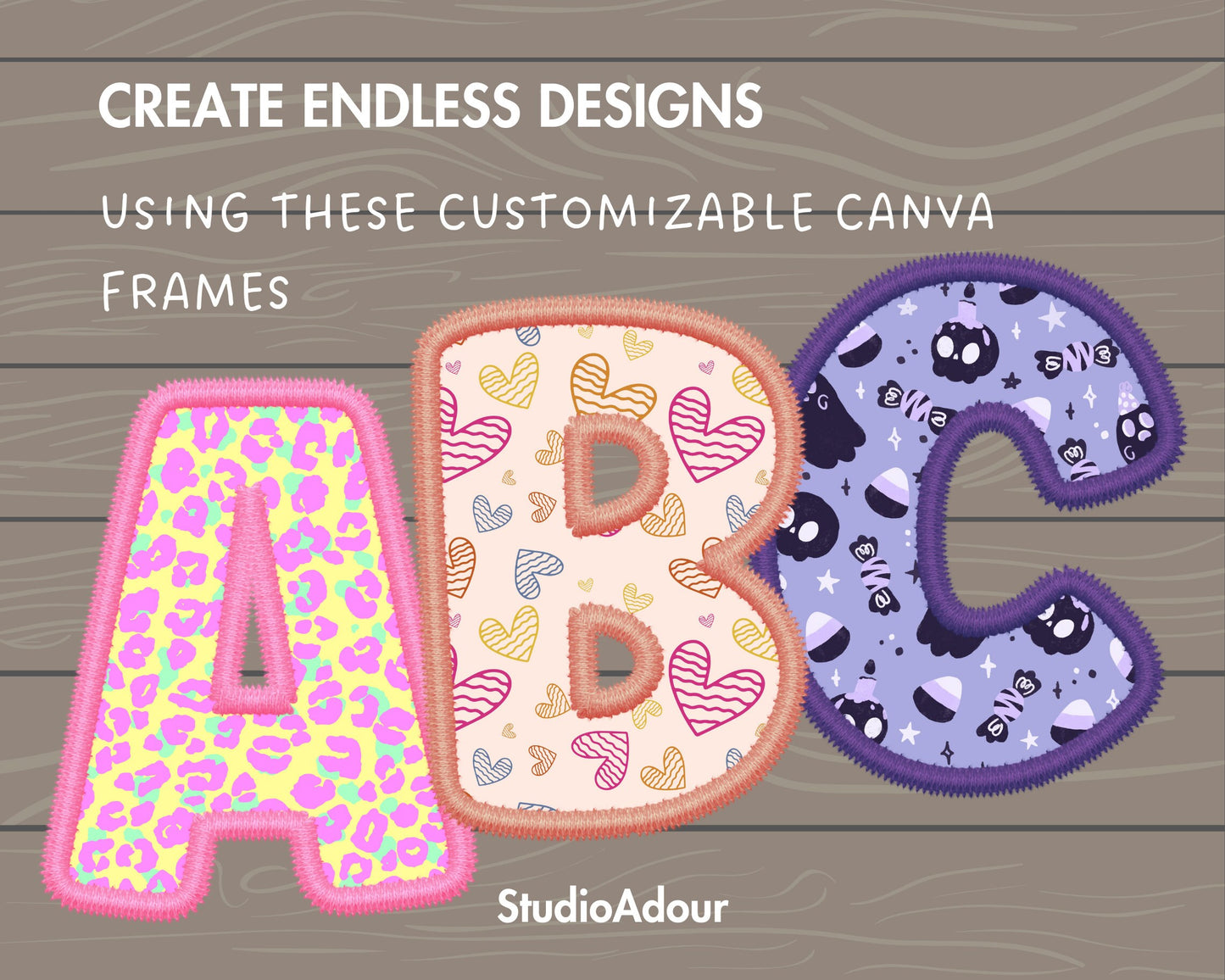 Digital Stitch Canva Alphabet PNG, Faux Embroidery Applique Letters, Canva Frames Bundle, Drag and Drop, DIY Canva Alphabet, Duotone Color