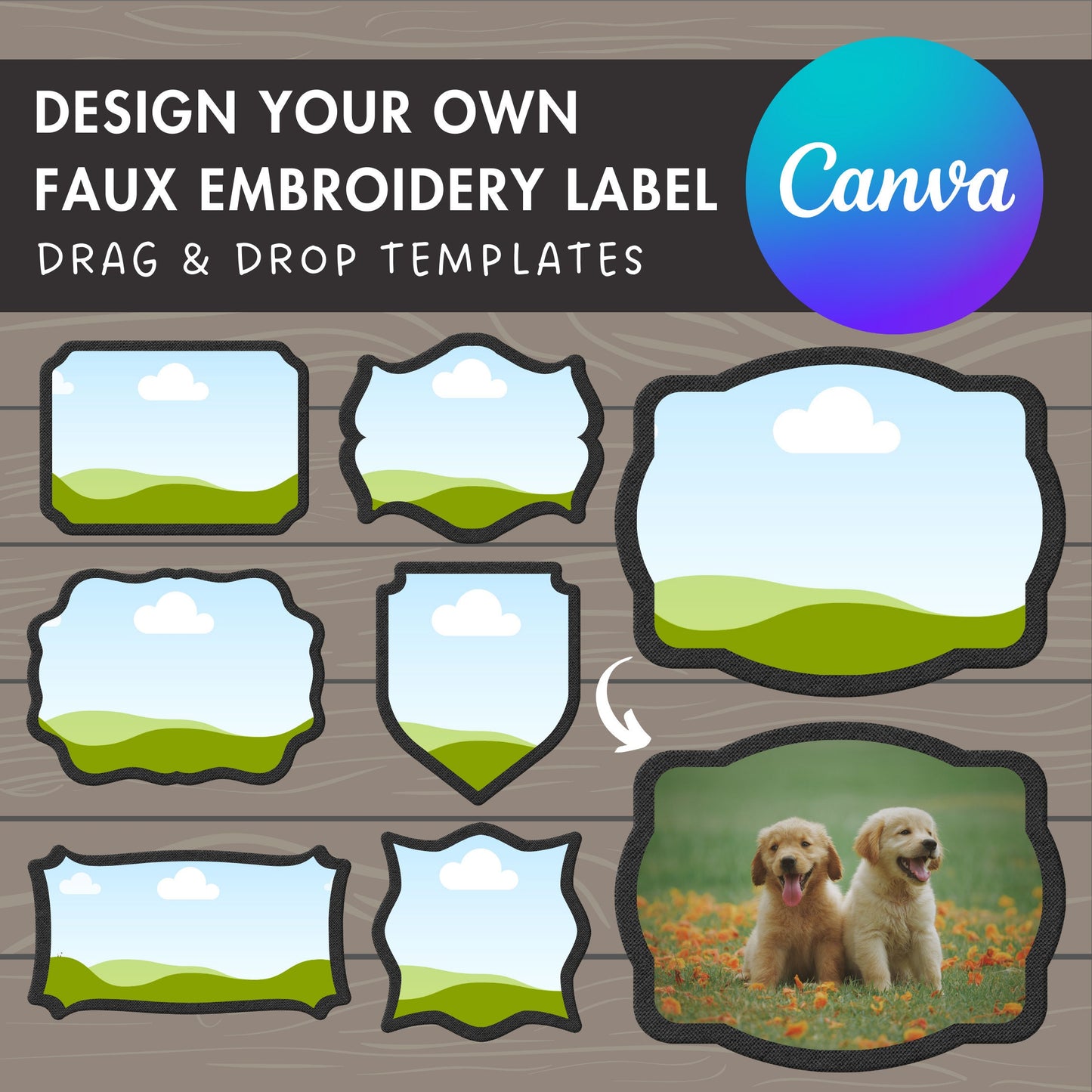 Design Your Own Faux Embroidery Label, Editable Tags Canva Template, Canva Frames Bundle, Retro Badge, Drag & Drop, Vintage Label Duotone