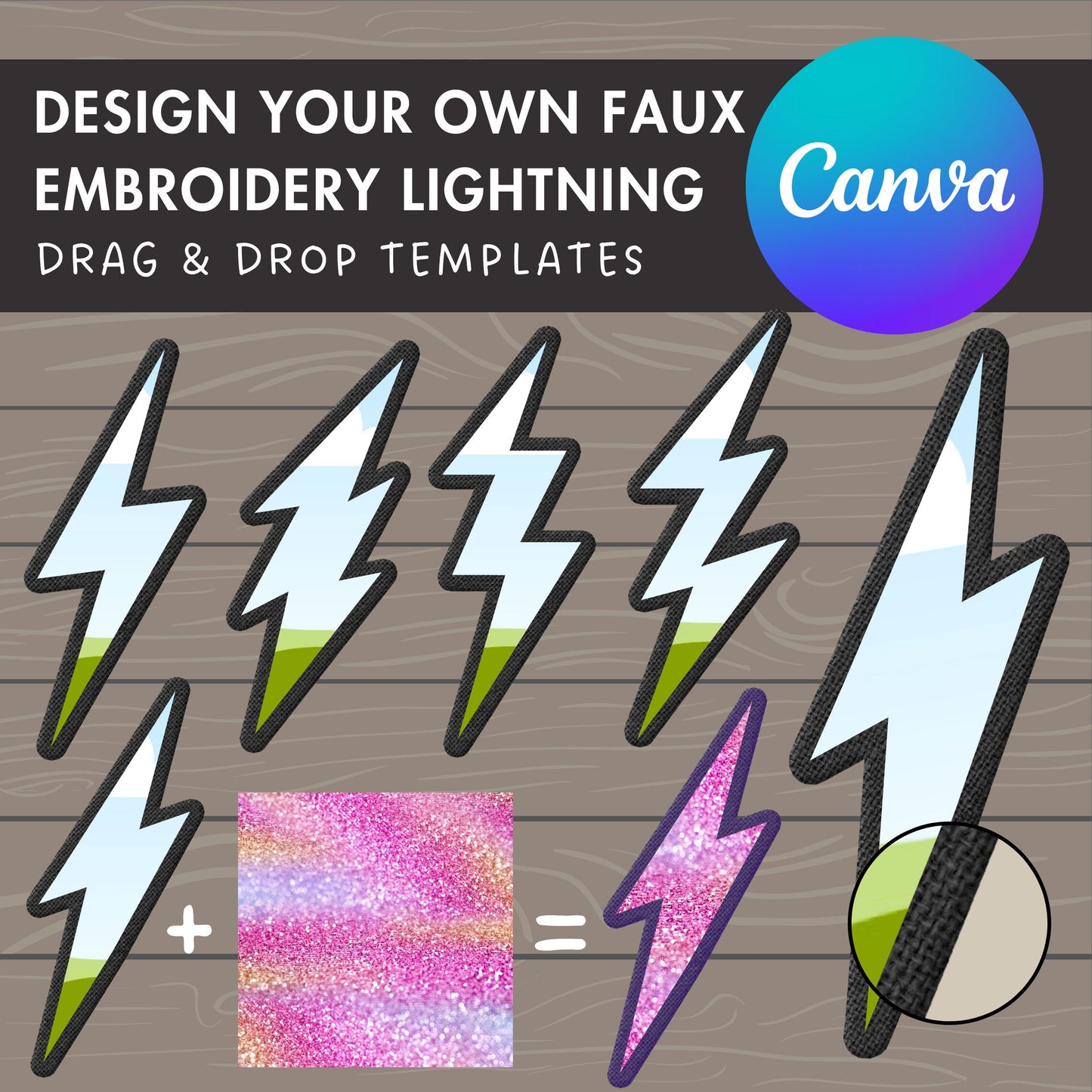 Design Your Own Faux Embroidery Lightning Bolt on Canva, Thunder Canva Template, Easy Drag and Drop, Editable Lightning, Canva Frames Bundle