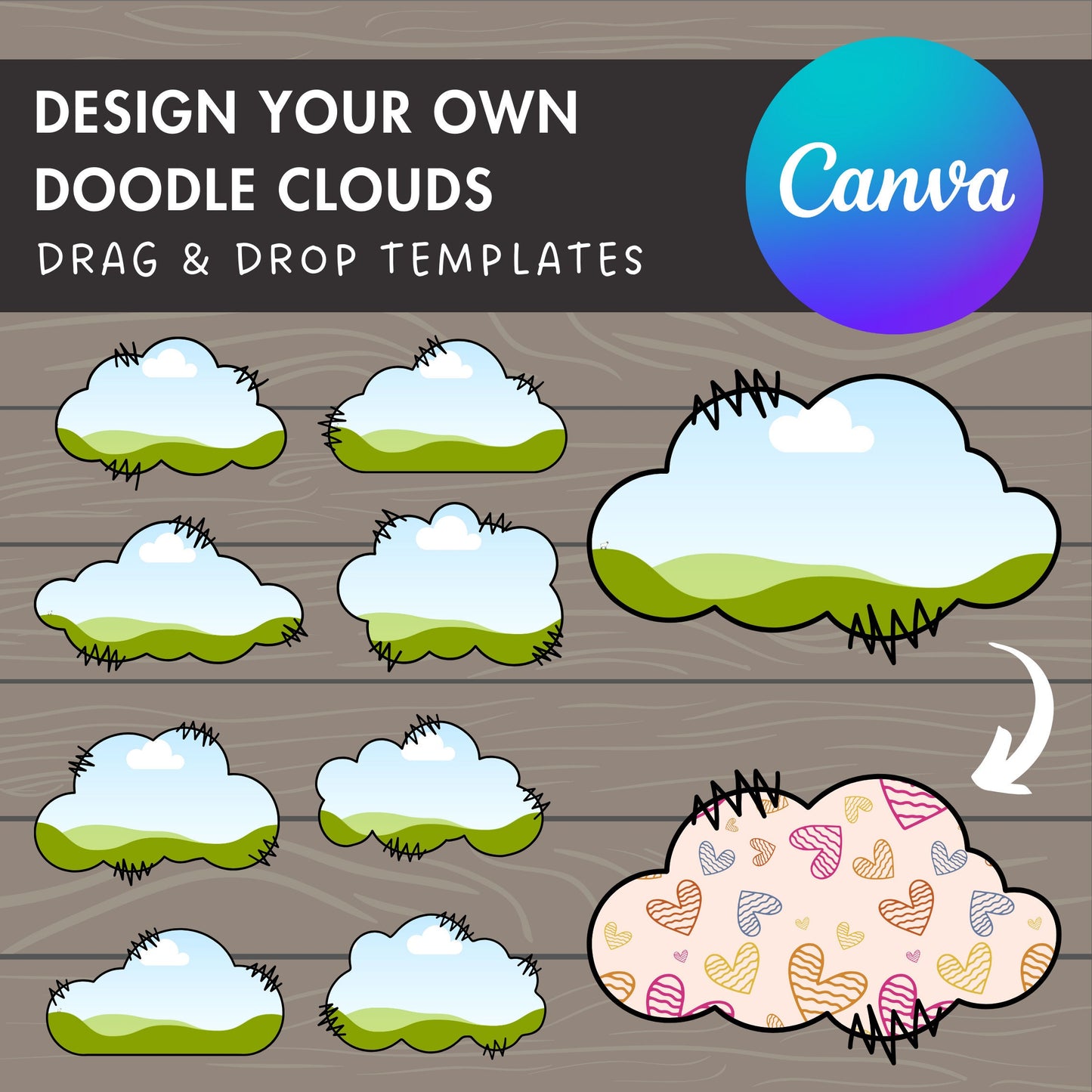 Design Your Own Doodle Clouds Canva Frames, Cloud Canva Templates, Drag and Drop Photo, Editable Clouds, Clouds Clipart, Fluffy Clouds
