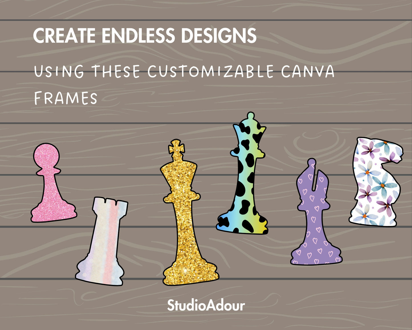 Design Your Own Chess Pieces Canva Frames, Chess Figures Canva Template, Drag and Drop Photo, Chess King and Queen, Sublimation Design