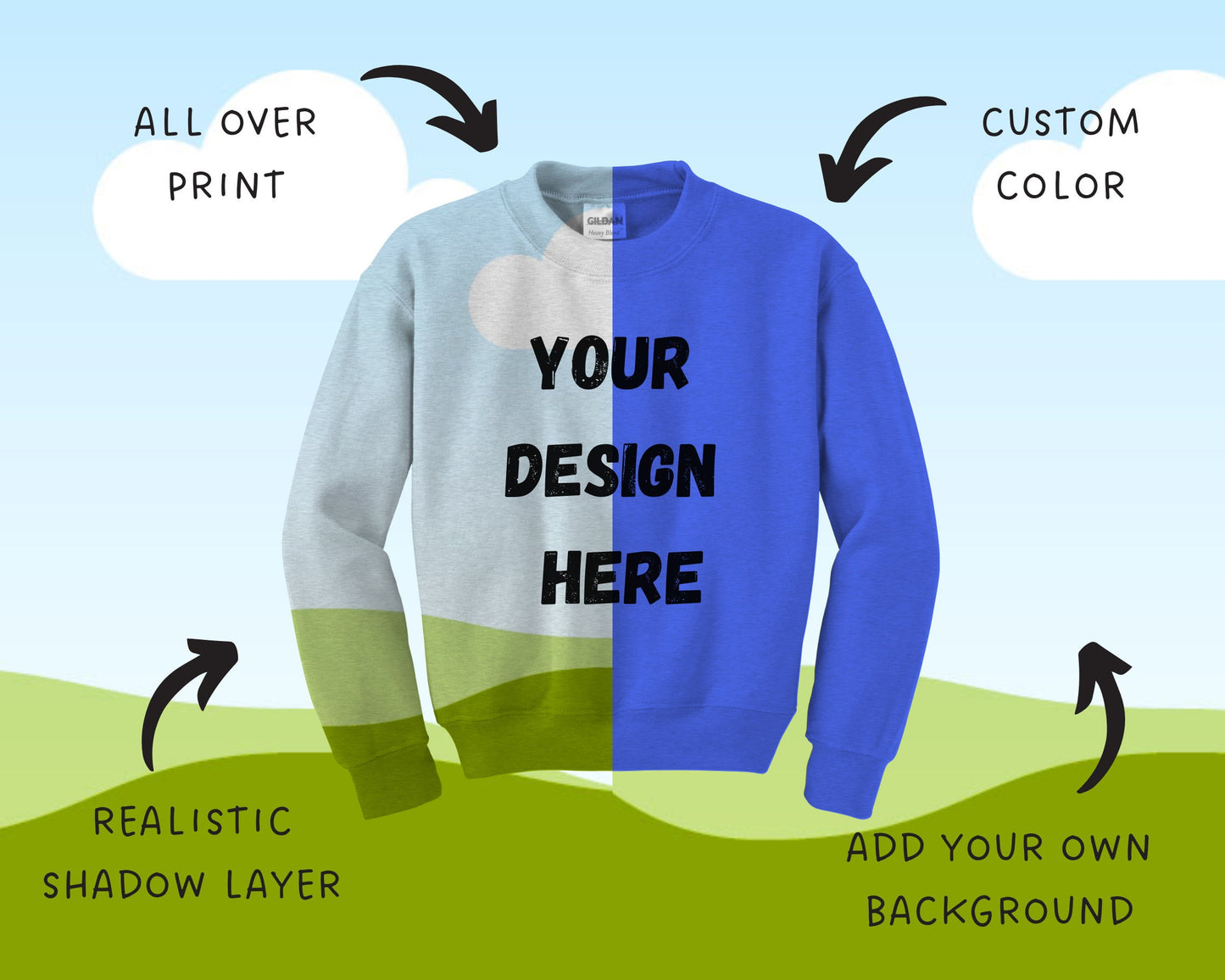 Glidan Sweatshirt Canva Mockup, Sweatshirt Canva Template, Easy Drag and Drop, Realistic Mockup, Realistic Jumper Canva Mockup, Gildan 18000