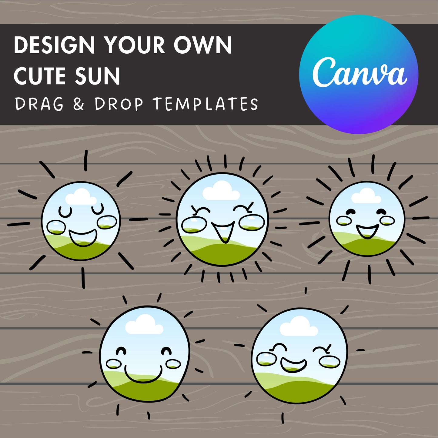 Design Your Own Smiling Sun Canva Frames, Happy Summer Sunshine Canva Template, Editable Cute Sun, Canva Frames Bundle, Beach Day Sun