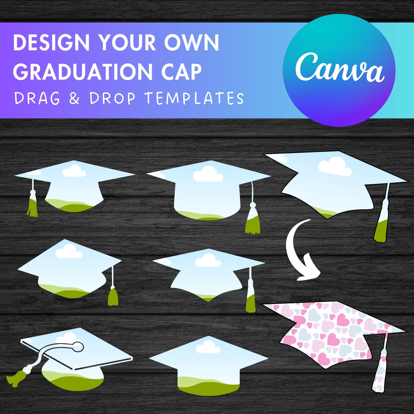 Design Your Own Graduation Cap on Canva, Editable Canva Template, Canva Frames Bundle, Graduate Clipart, Class of 2023, Sublimation Design