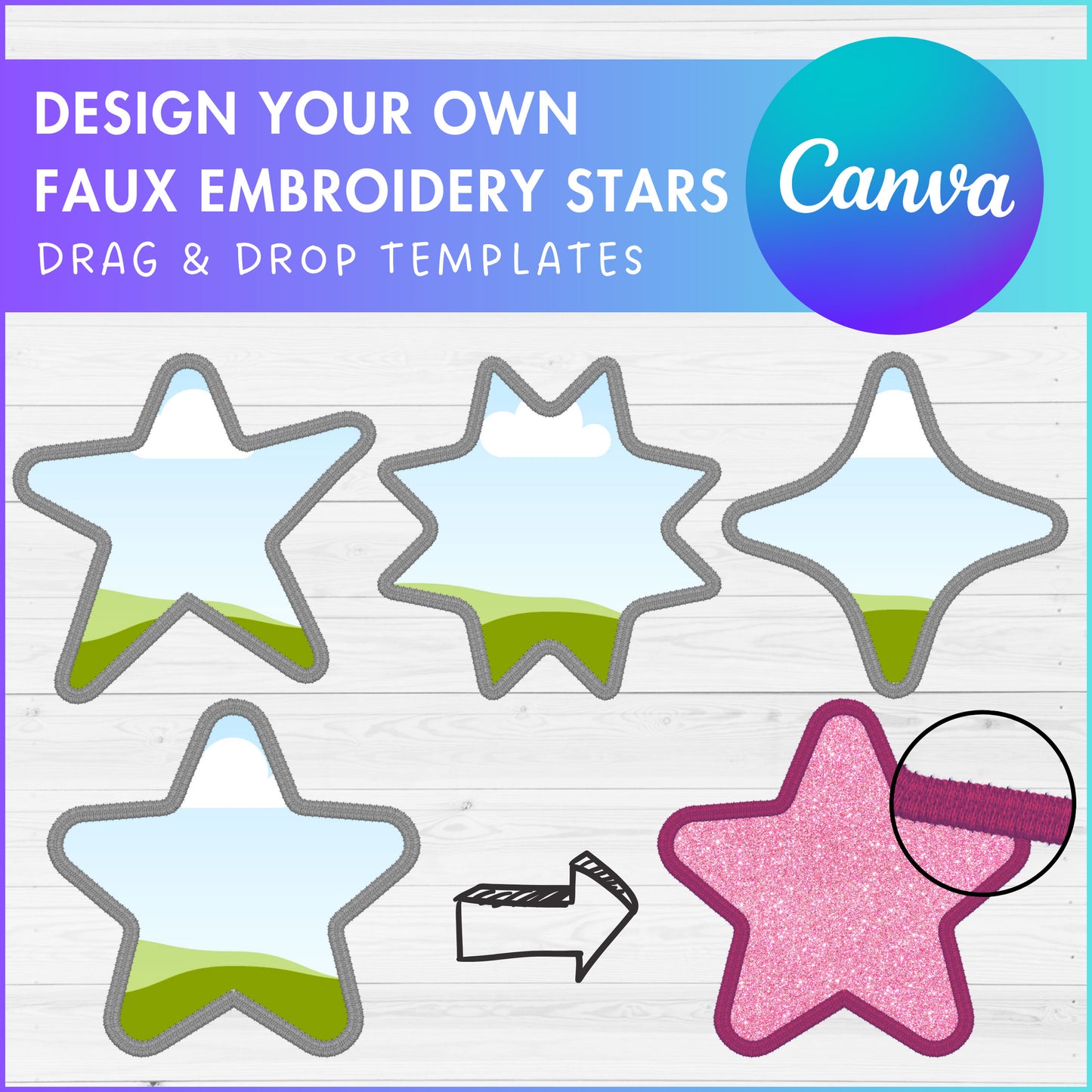 Design Your Own Faux Embroidery Stars, Digital Stitch Stars, Stars Applique, Canva Frames Bundle, Celestial Patch Duotone, Drag and Drop PNG