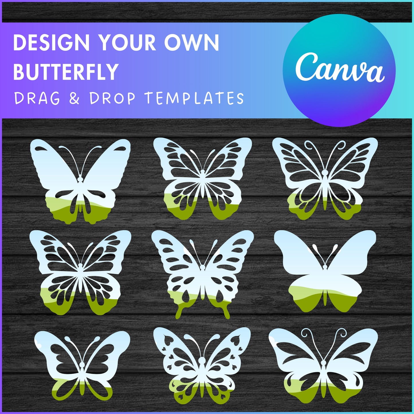 Design Your Own Butterfly on Canva, Canva Frames Bundle, Drag and Drop Photo, Sublimation Designs, Butterfly Silhouette, Butterfly Clipart