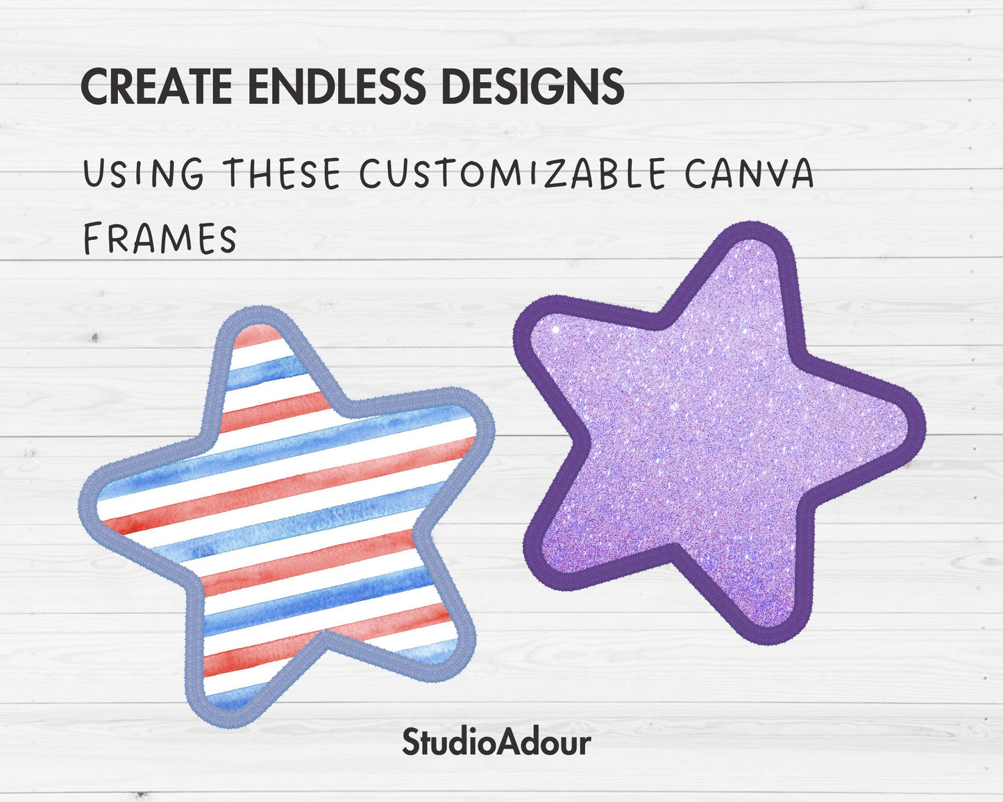 Design Your Own Faux Embroidery Stars, Digital Stitch Stars, Stars Applique, Canva Frames Bundle, Celestial Patch Duotone, Drag and Drop PNG