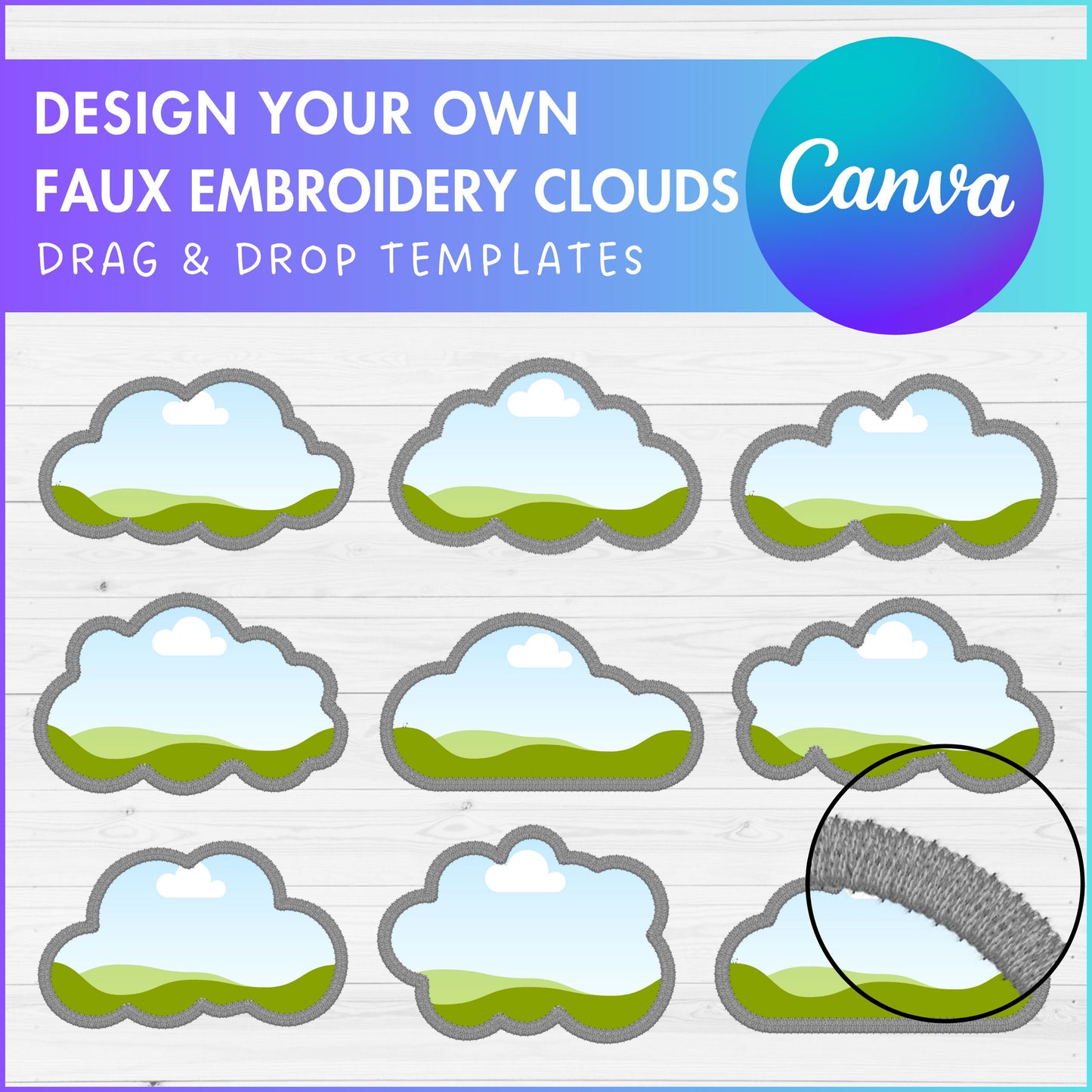 Design Your Own Faux Embroidery Clouds, Digital Stitch Paw, Fluffy Clouds Applique, Canva Frames, Cartoon Clouds Patch, Drag and Drop PNG