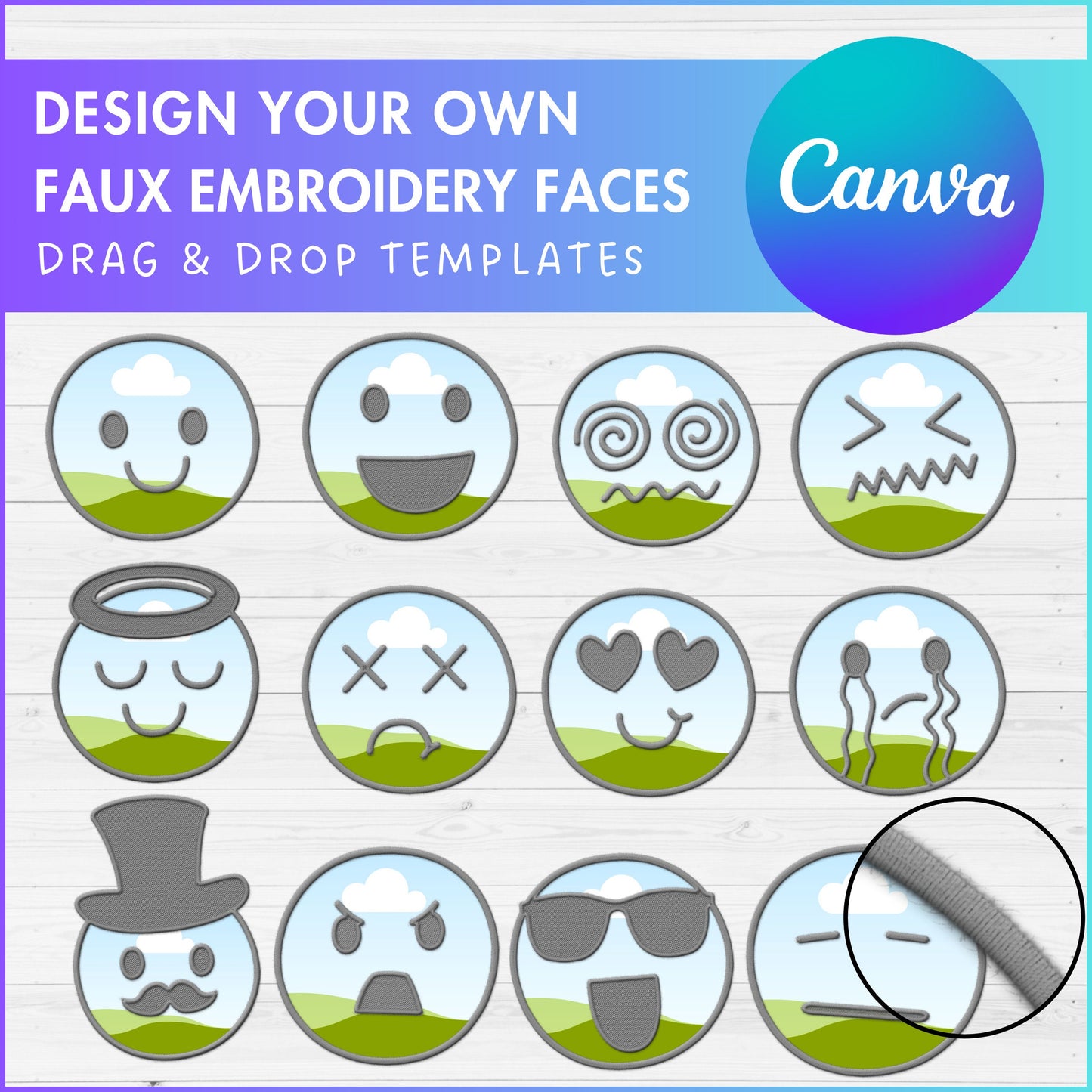 Design Your Own Faux Embroidery Faces, Digital Stitch Emotion Faces, Funny Faces Applique, Canva Frames, Faces Patch, Drag and Drop PNG