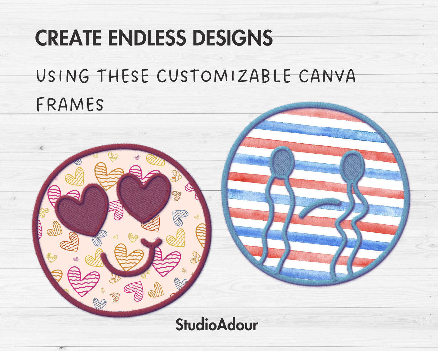 Design Your Own Faux Embroidery Faces, Digital Stitch Emotion Faces, Funny Faces Applique, Canva Frames, Faces Patch, Drag and Drop PNG