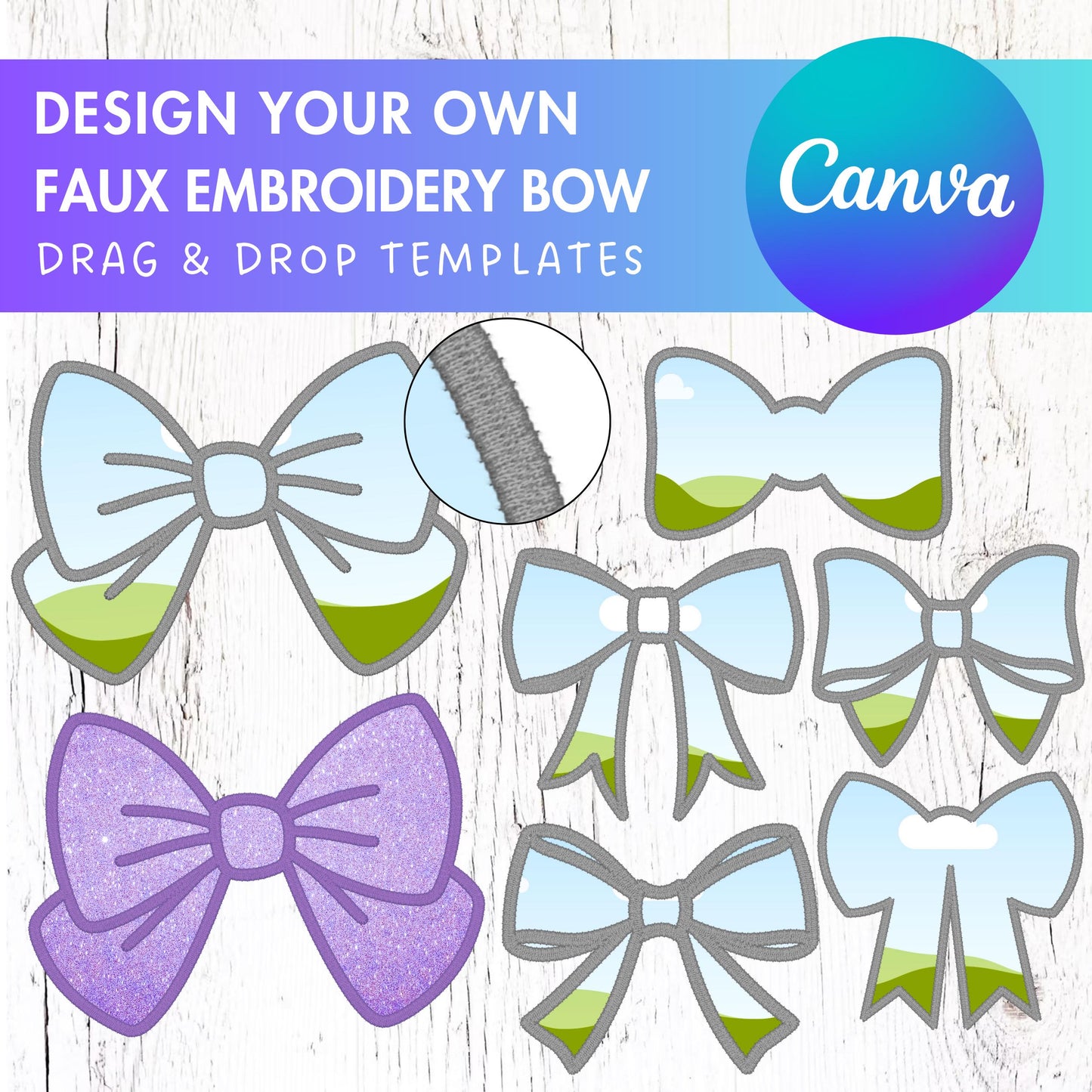 Design Your Own Faux Embroidery Bow, Digital Stitch Ribbon Bow, Bow Applique, Canva Frames Bundle, Bow Patch Duotone, Drag and Drop PNG