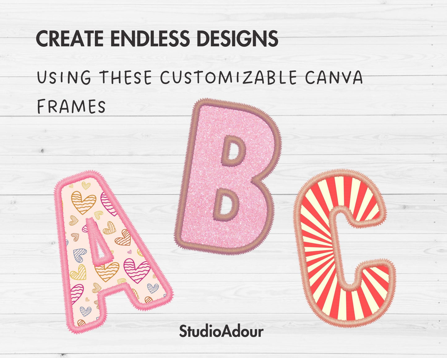Digital Stitch Canva Alphabet PNG, Faux Embroidery Applique Letters , Canva Frames Bundle, Drag and Drop, DIY Canva Alphabet, Duotone