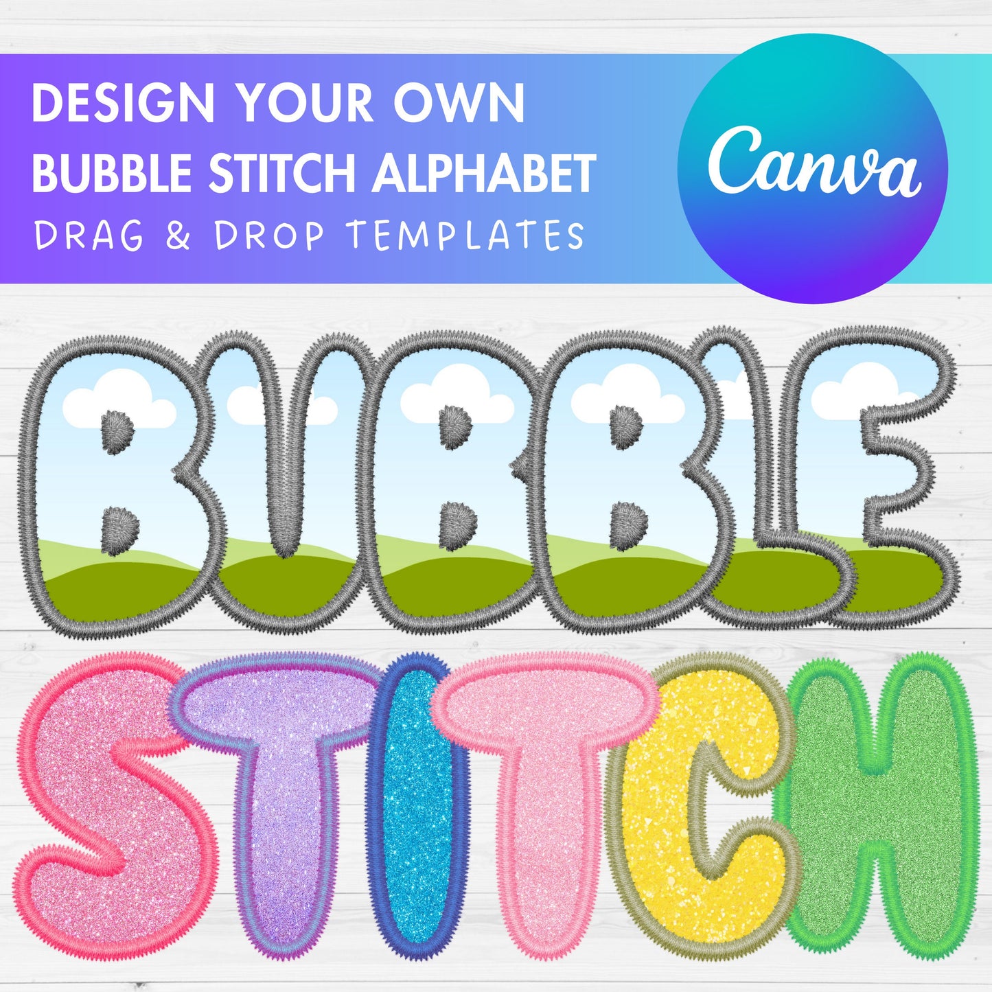 Digital Stitch Canva Alphabet PNG, Faux Embroidery Applique Letters, Bubble Letters Canva Frames, Drag and Drop, Canva Alphabet, Duotone