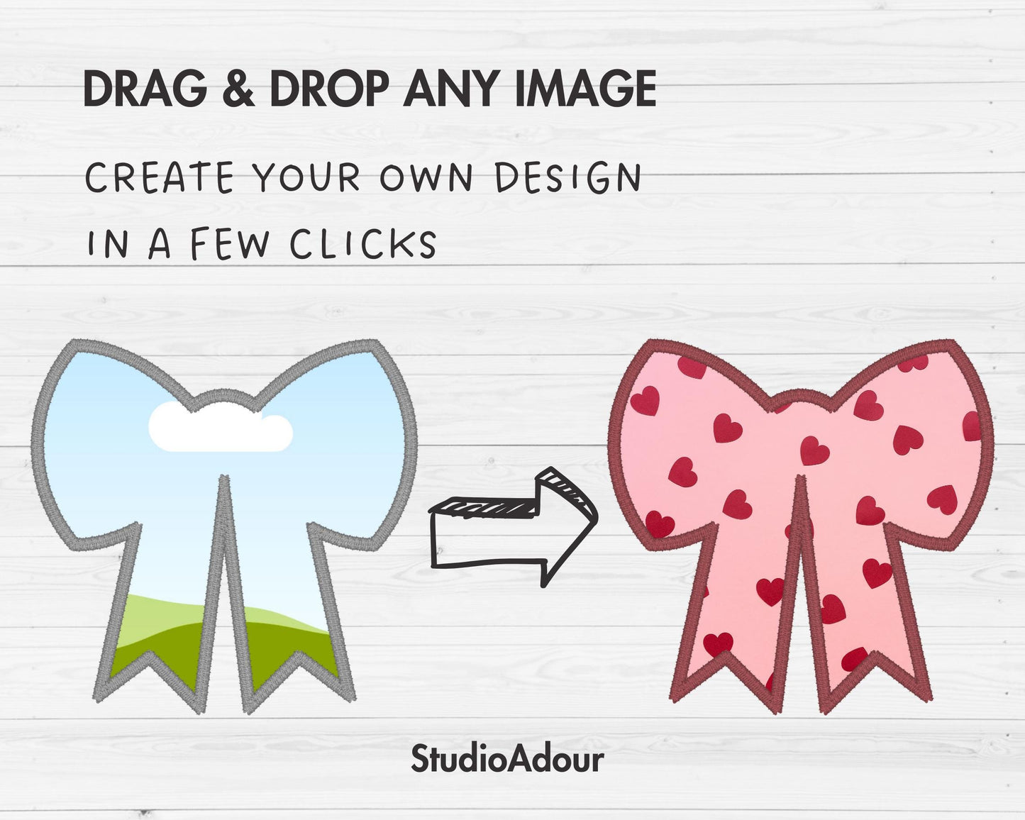 Design Your Own Faux Embroidery Bow, Digital Stitch Ribbon Bow, Bow Applique, Canva Frames Bundle, Bow Patch Duotone, Drag and Drop PNG