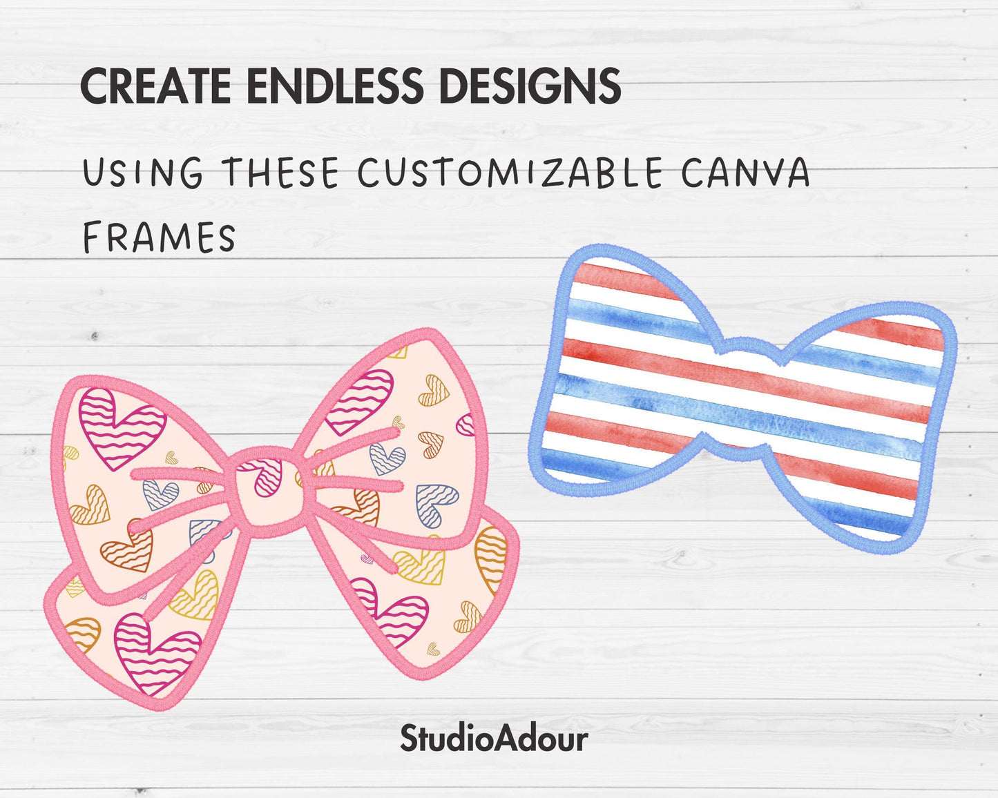 Design Your Own Faux Embroidery Bow, Digital Stitch Ribbon Bow, Bow Applique, Canva Frames Bundle, Bow Patch Duotone, Drag and Drop PNG