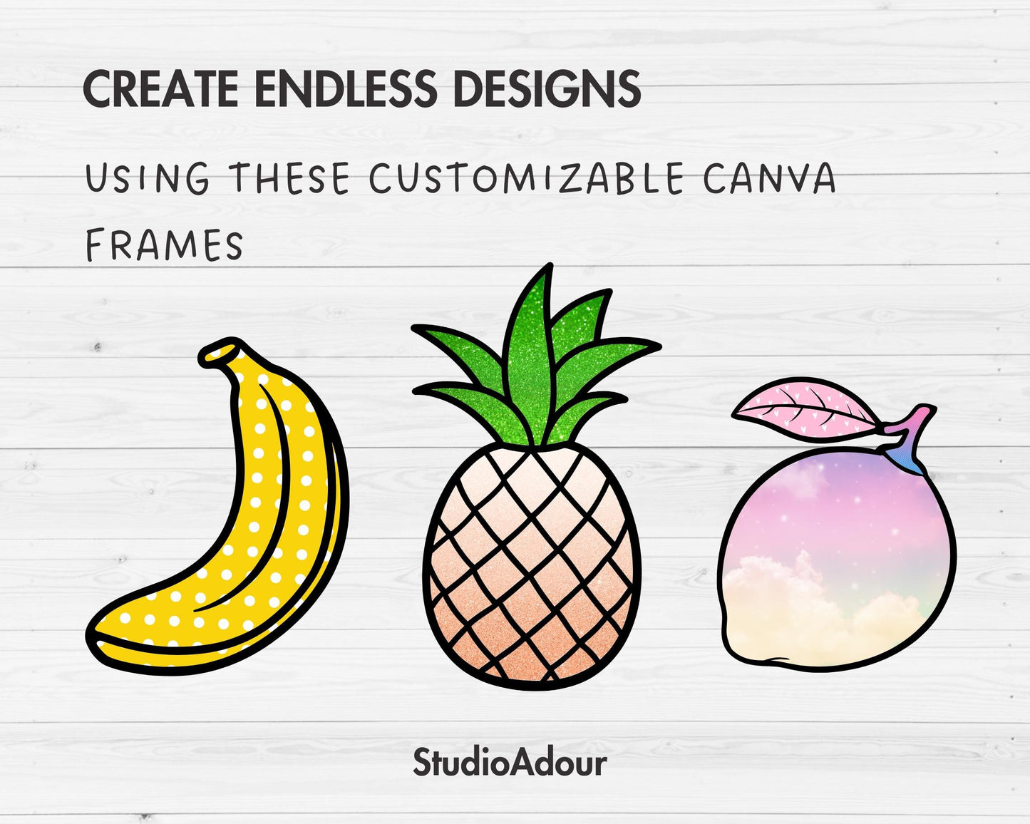 Design Your Own Fruits Canva Frames, Tropical Fruit Canva Templates, Drag and Drop, Editable Canva Frames Bundle, Pineapple Lemon Apple Pear