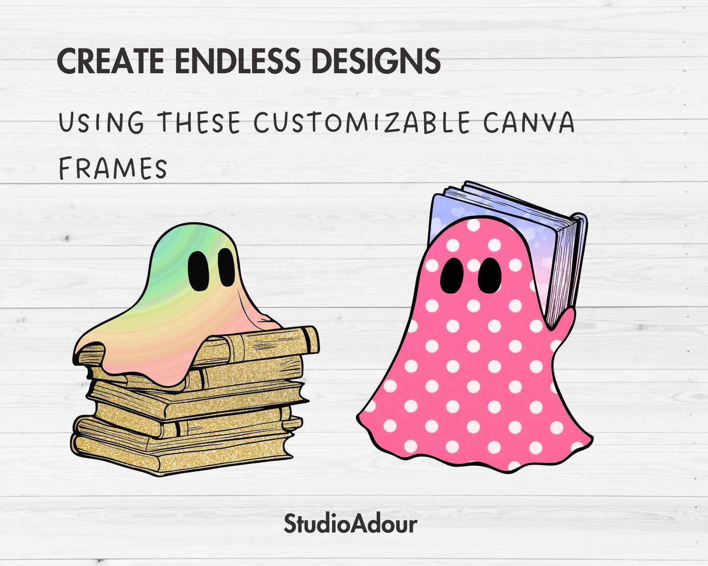 Design Your Own Retro Ghost, Ghost Reading Book Canva Template, Drag and Drop, Spooky Season, Halloween Canva Frames, Book Lover Ghost