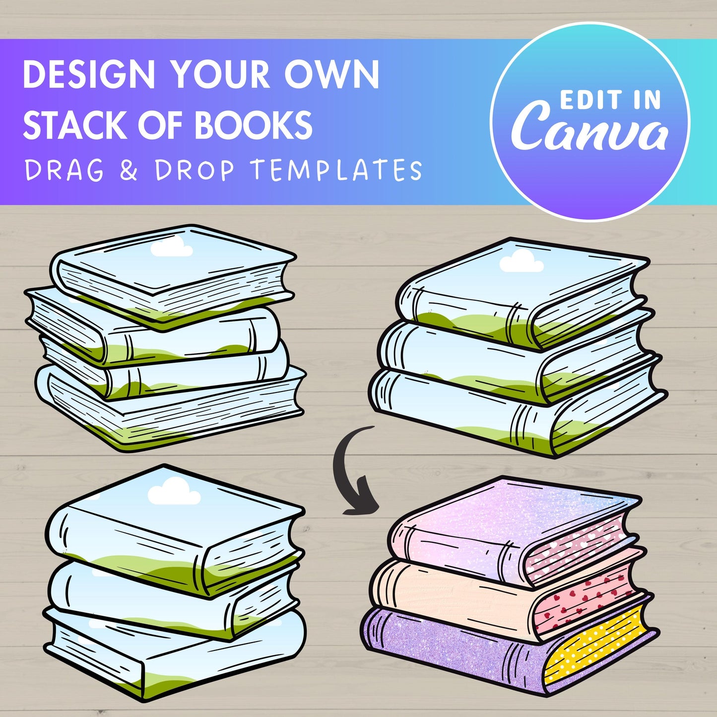 Design Your Own Stack Books on Canva, Book Stack Template, Drag and Drop Canva Frames, Reading Books Editable Books, Sublimation Design