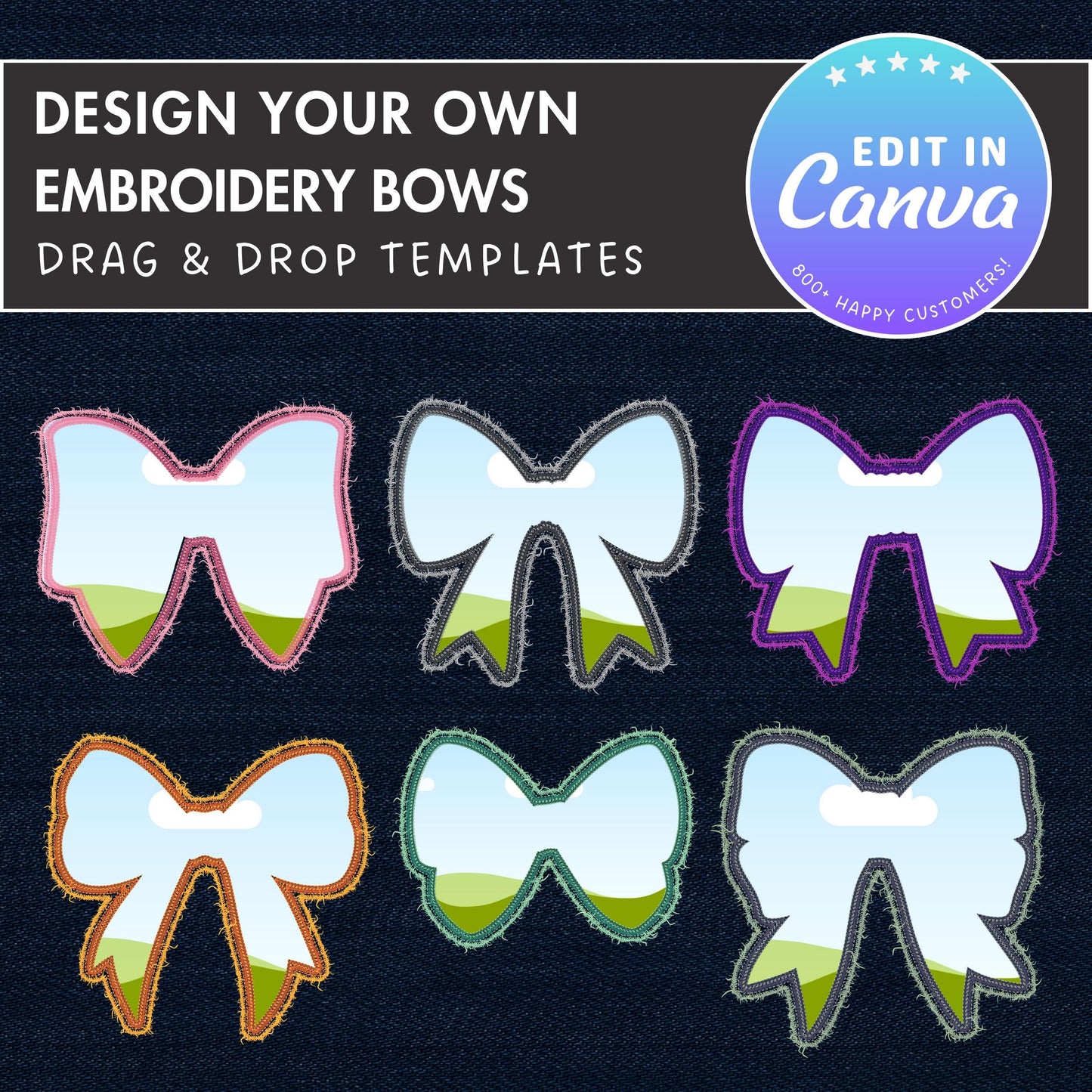 Faux Embroidery Bow Canva, Digital Stitch Ribbon Bow, Bow Applique, Canva Frames Bundle, Bow Patch Duotone, Coquette Bows PNG, Drag and Drop