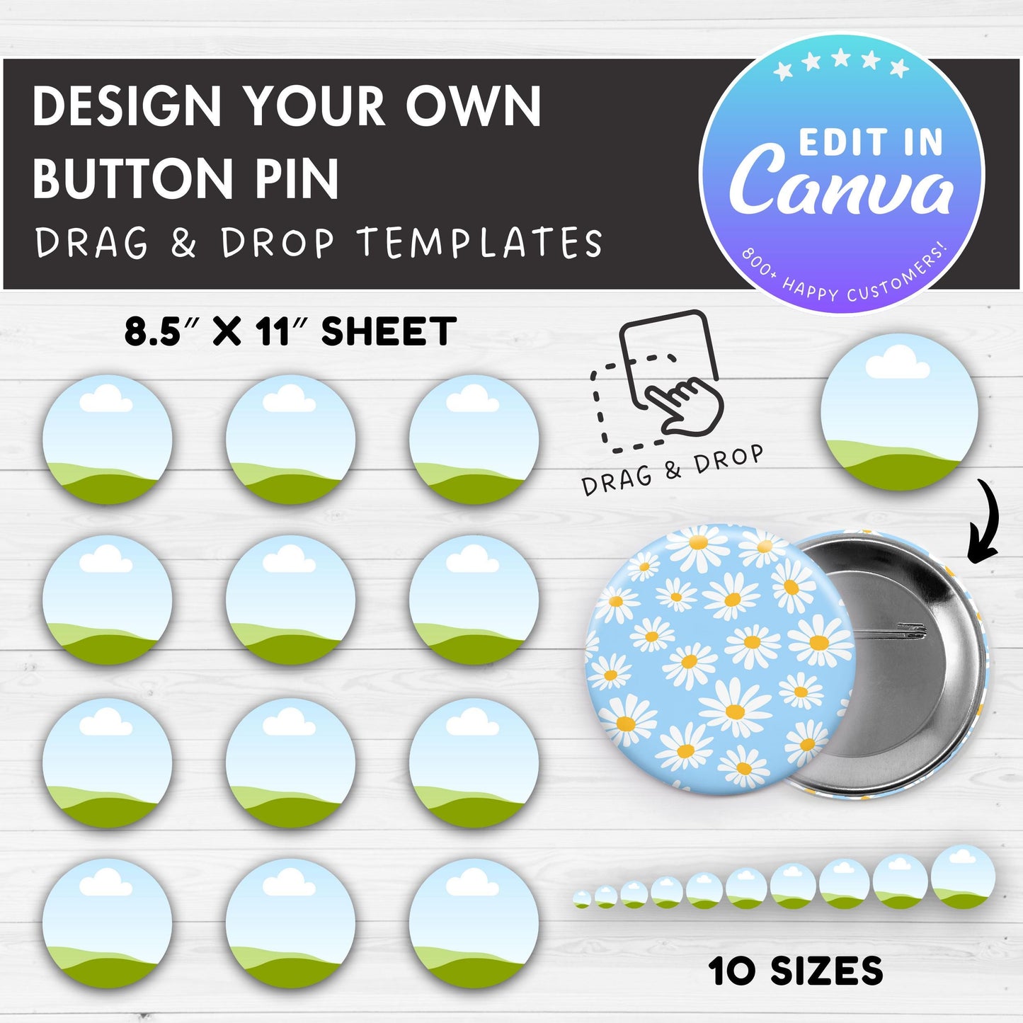 Button Pin Editable Canva Template, Easy Drag and Drop, Round Pinback Button Sublimation Template, Badge Circle Label, Canva Frames Bundle