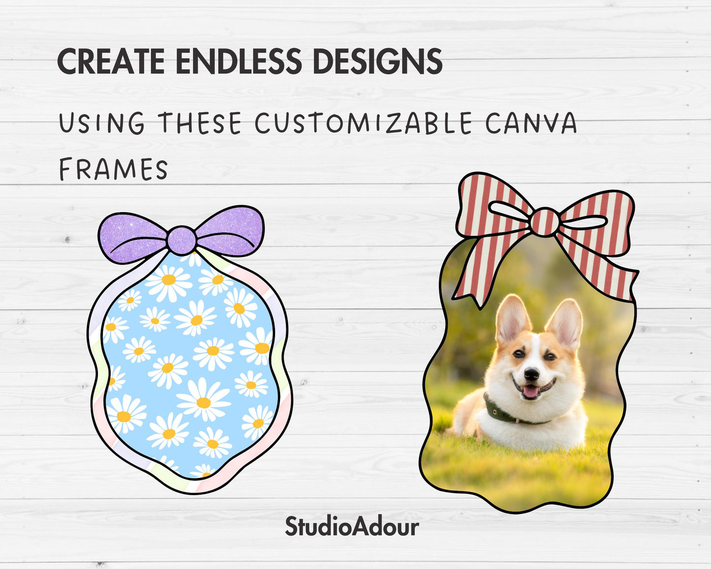 Coquette Bow Frames, Editable Canva Template, Easy Drag and Drop, Sublimation Design, Canva Frames Bundle, Ribbon Bow Border, Wavy Borders