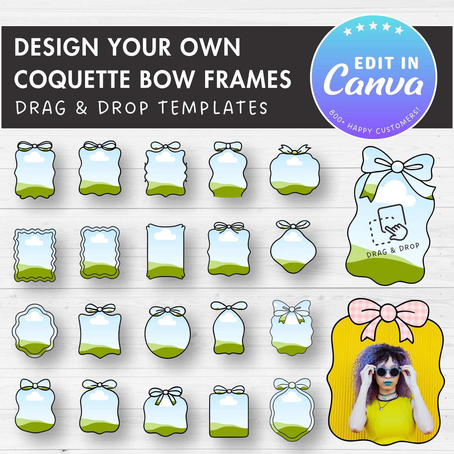 Coquette Bow Frames, Editable Canva Template, Easy Drag and Drop, Sublimation Design, Canva Frames Bundle, Ribbon Bow Border, Wavy Borders