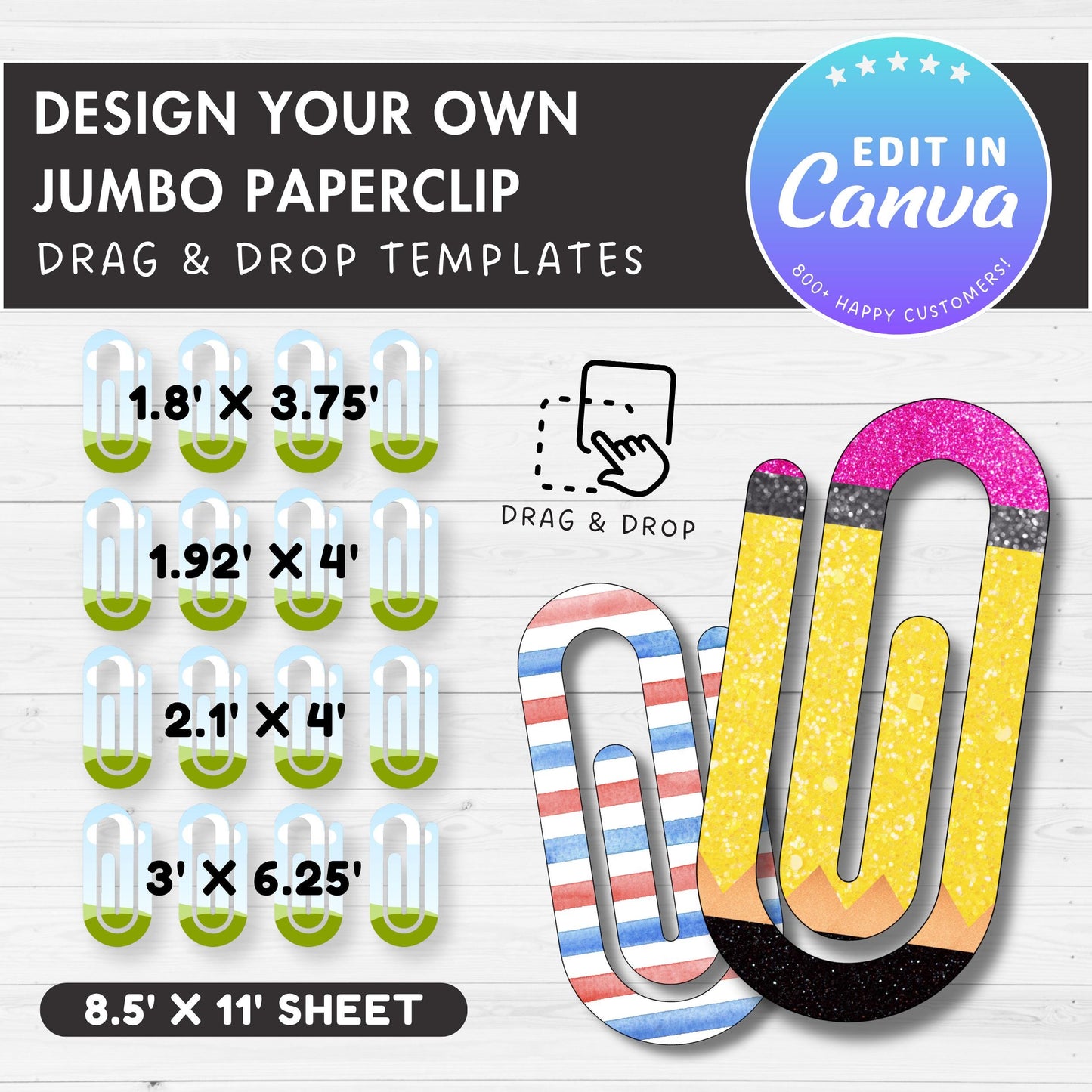 Jumbo Paperclip Editable Canva Template, Easy Drag and Drop, Jumbo Paperclip Sublimation, Paperclip Bookmark Template, Canva Frames Bundle