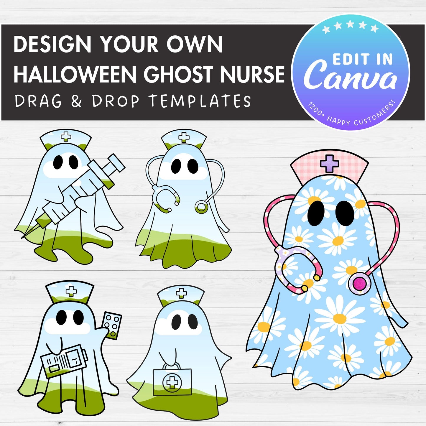 Design Your Own Nurse Ghost, Retro Ghost Canva Templates, Drag and Drop, Canva Frames Bundle, Spooky Season, Halloween Ghost, Groovy Ghost