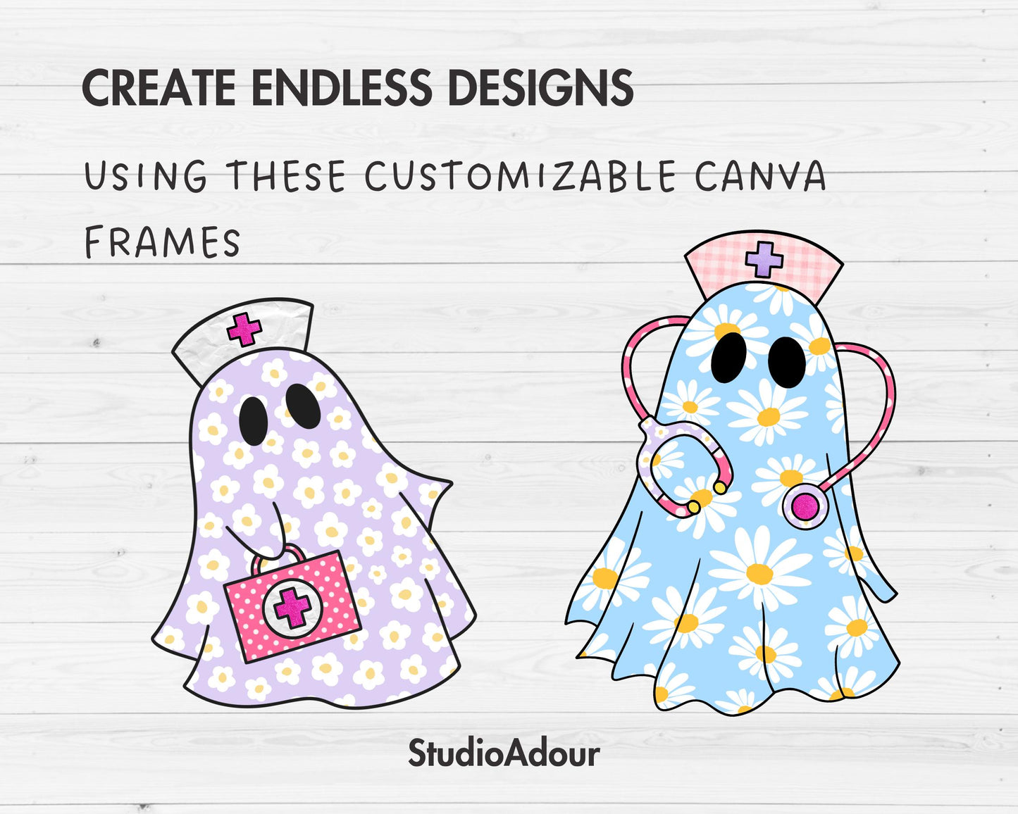 Design Your Own Nurse Ghost, Retro Ghost Canva Templates, Drag and Drop, Canva Frames Bundle, Spooky Season, Halloween Ghost, Groovy Ghost