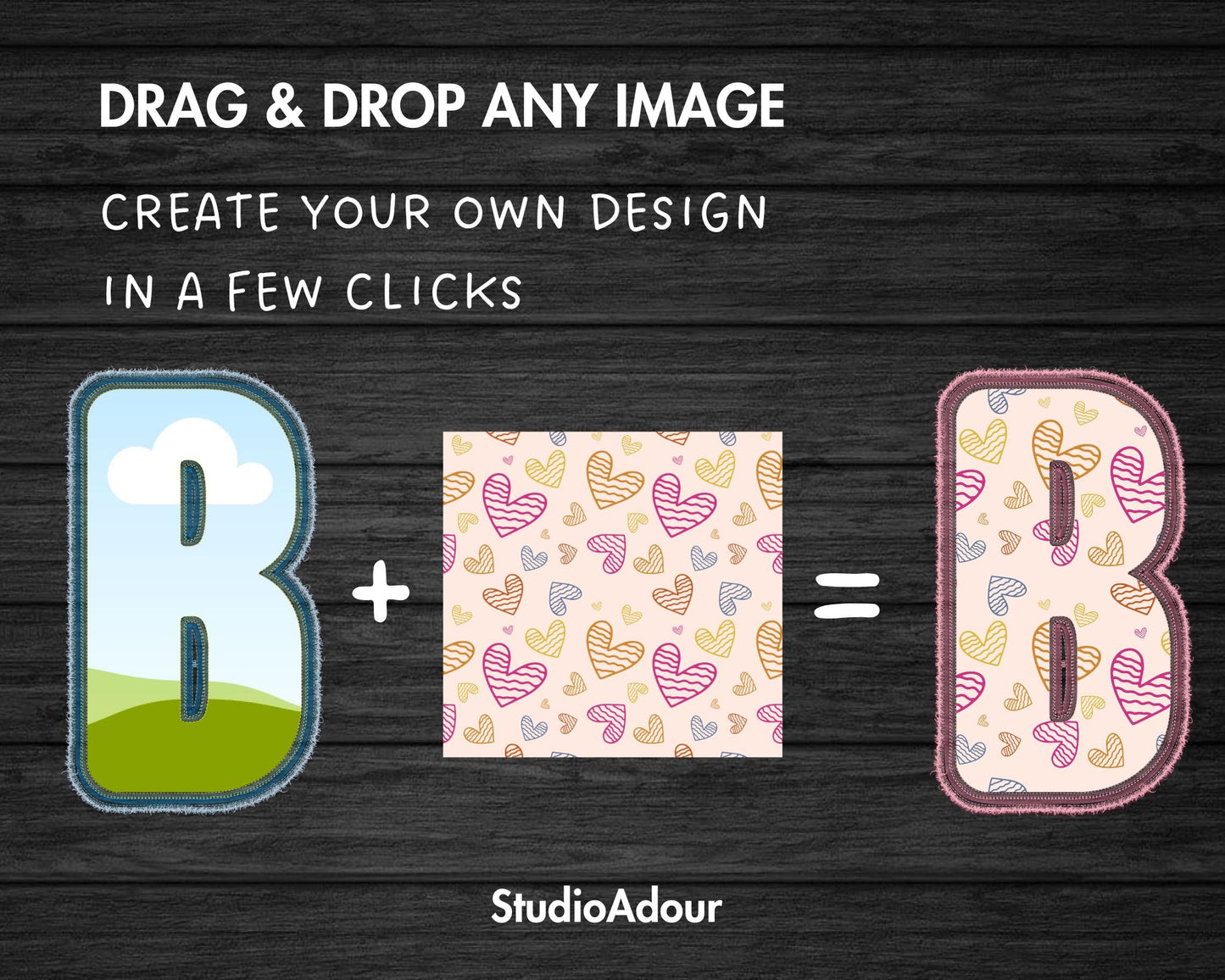 Digital Stitch Letters and Numbers, Faux Embroidery Applique Alphabet, Drag and Drop Photo, DIY Letters Canva Frame, Duotone Canva Letters
