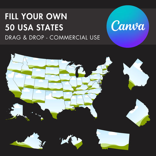 50 USA States Canva Frames, US States Templates, United States Map Canva Frames Bundle, Easy Drag and Drop American States, USA Map Mockup